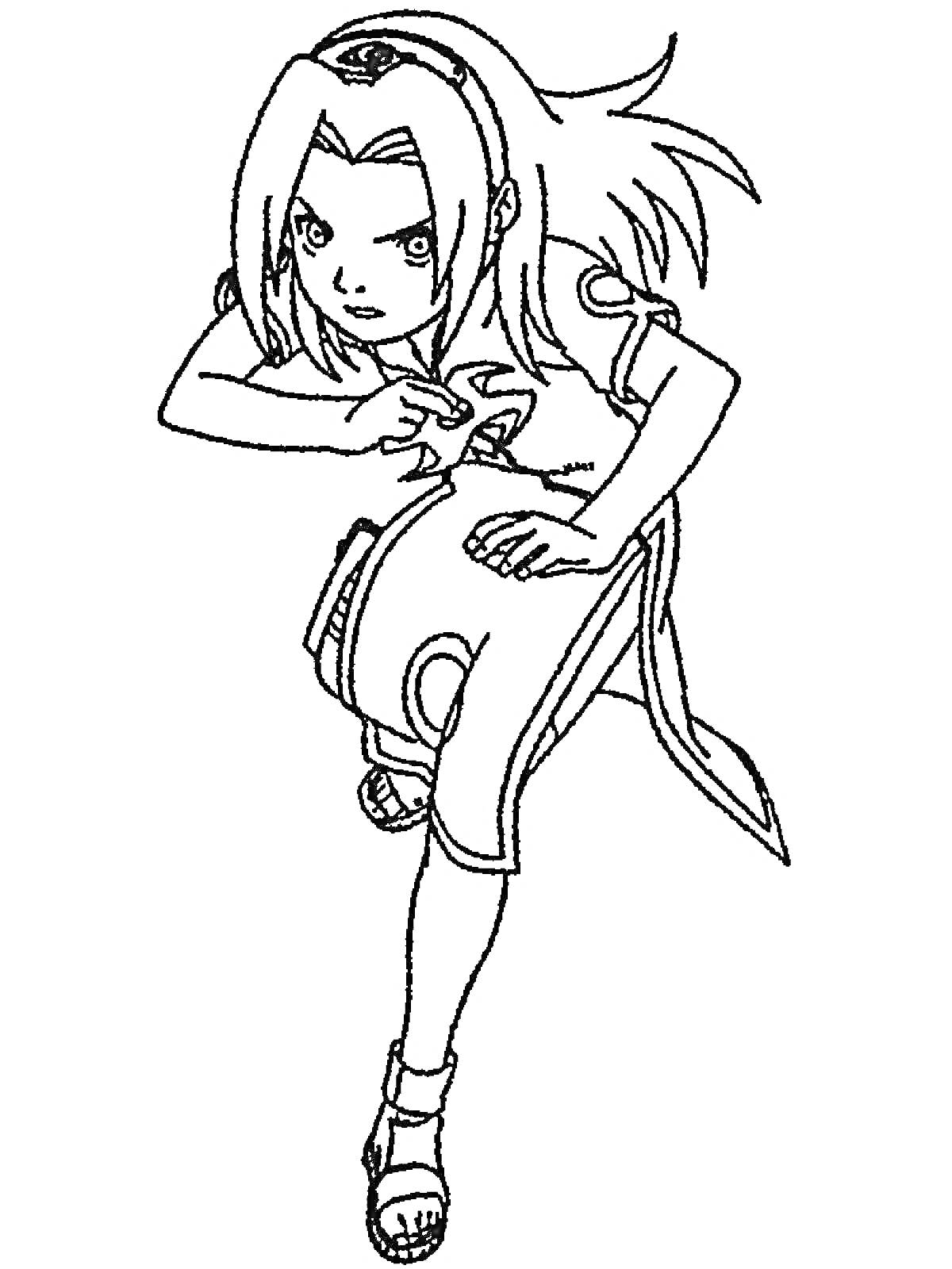 Раскраска Девушка-ниндзя в боевой стойке