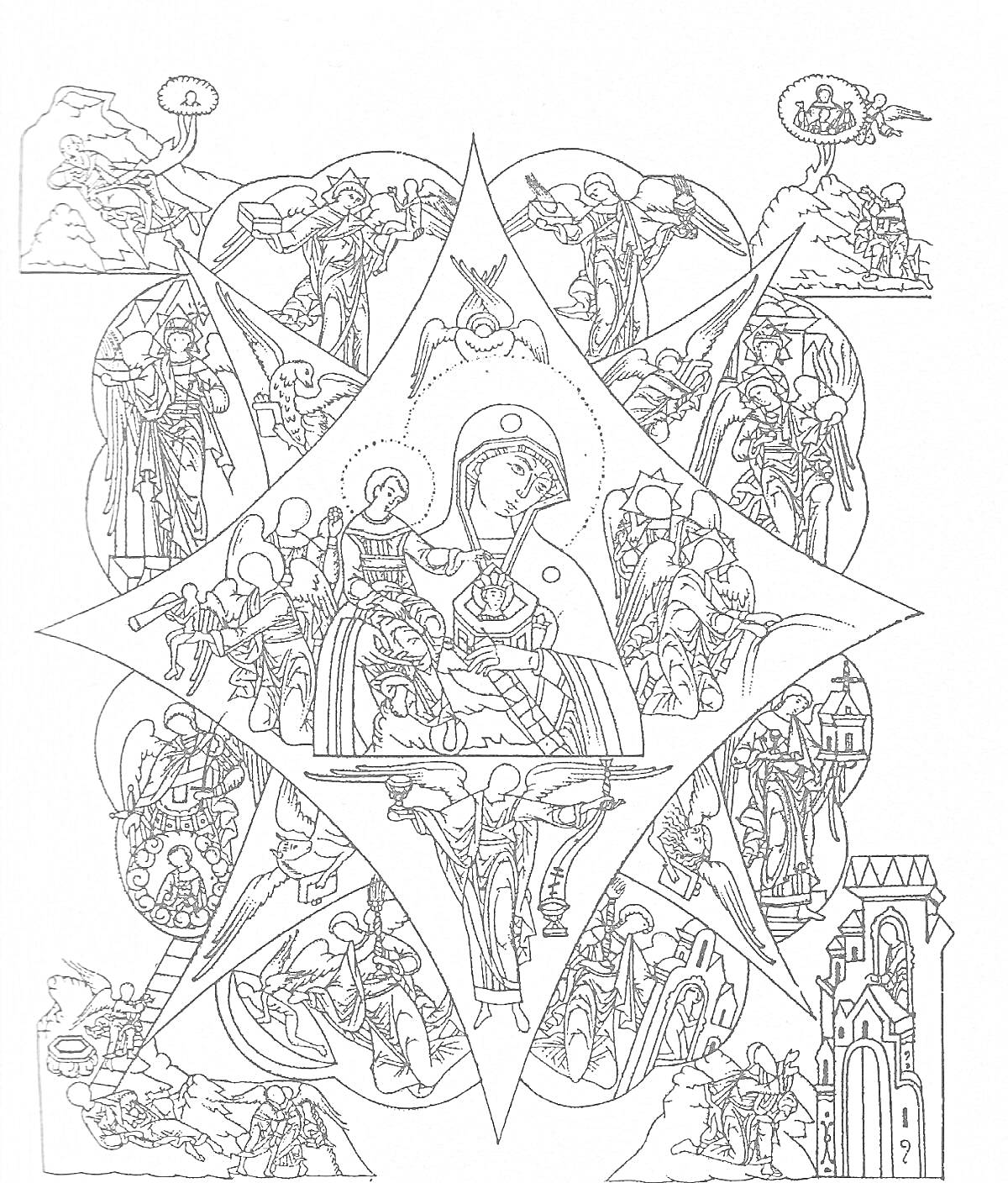 Раскраска Неопалимая купина с образом Богородицы, ангелами и сцены из Святого Писания