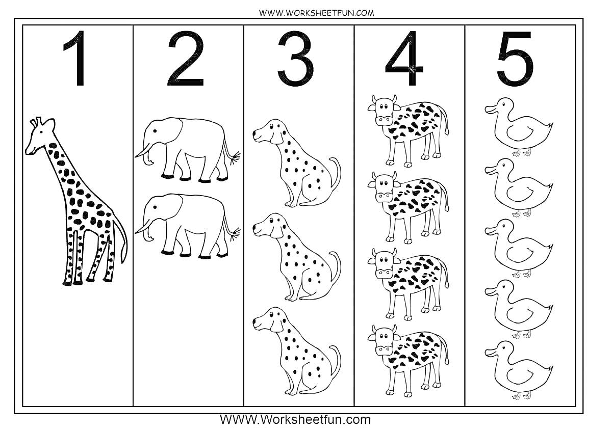 Раскраска Жираф, два слона, три собаки, четыре коровы, пять уток