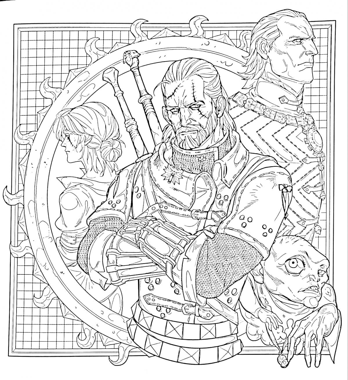 Раскраска Групповой портрет персонажей Ведьмак, с изображением главного героя с мечами, второстепенного персонажа в доспехах и отрубленной головою монстра на фоне решетки