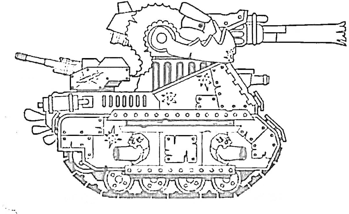 Раскраска Бронированный танк с вращающейся пушкой и башней с пилообразным механизмом