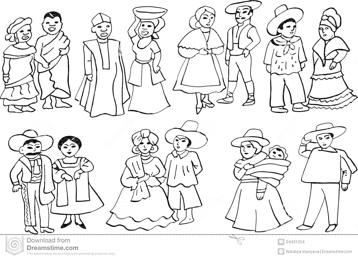 На раскраске изображено: Традиционные костюмы, Культура, Платье, Для детей, Шляпа, Женщина, Мужчина