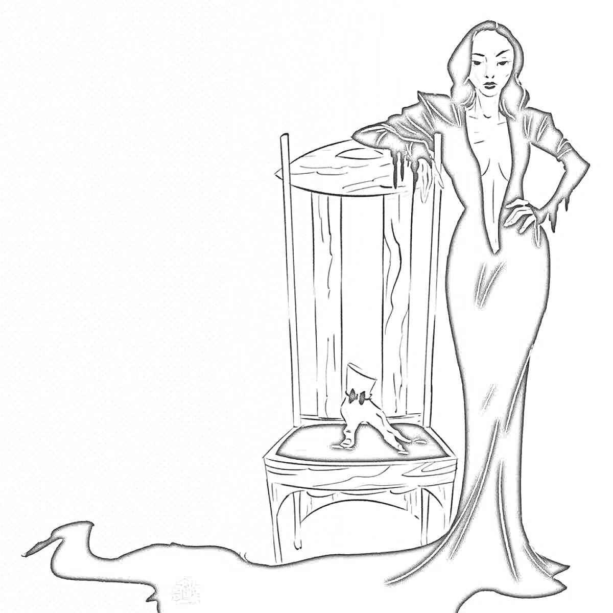 Раскраска Женщина в длинном черном платье и отрезанная рука на стуле