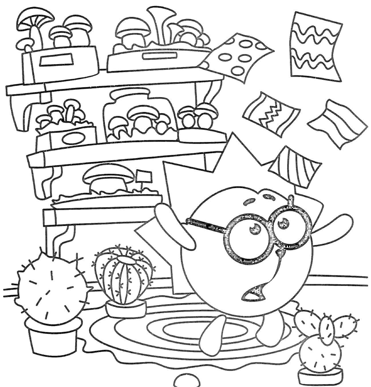 Раскраска Смешарик с очками в комнате с растениями, ковер, книжные полки, пробирки, капсулы и книги в воздухе
