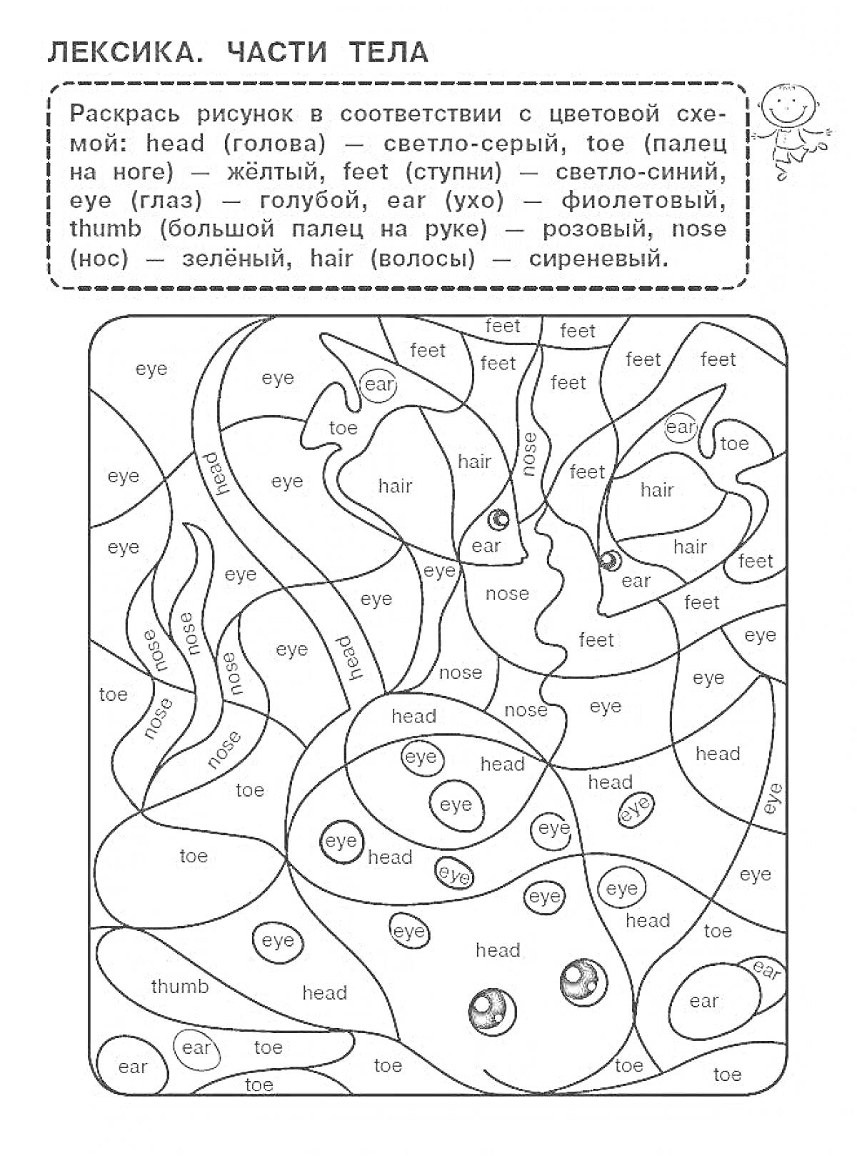 Раскраска Лексика. Части тела. Head (голова), toe (палец на ноге), feet (ступни), eye (глаз), ear (ухо), thumb (большой палец руки), nose (нос), hair (волосы)