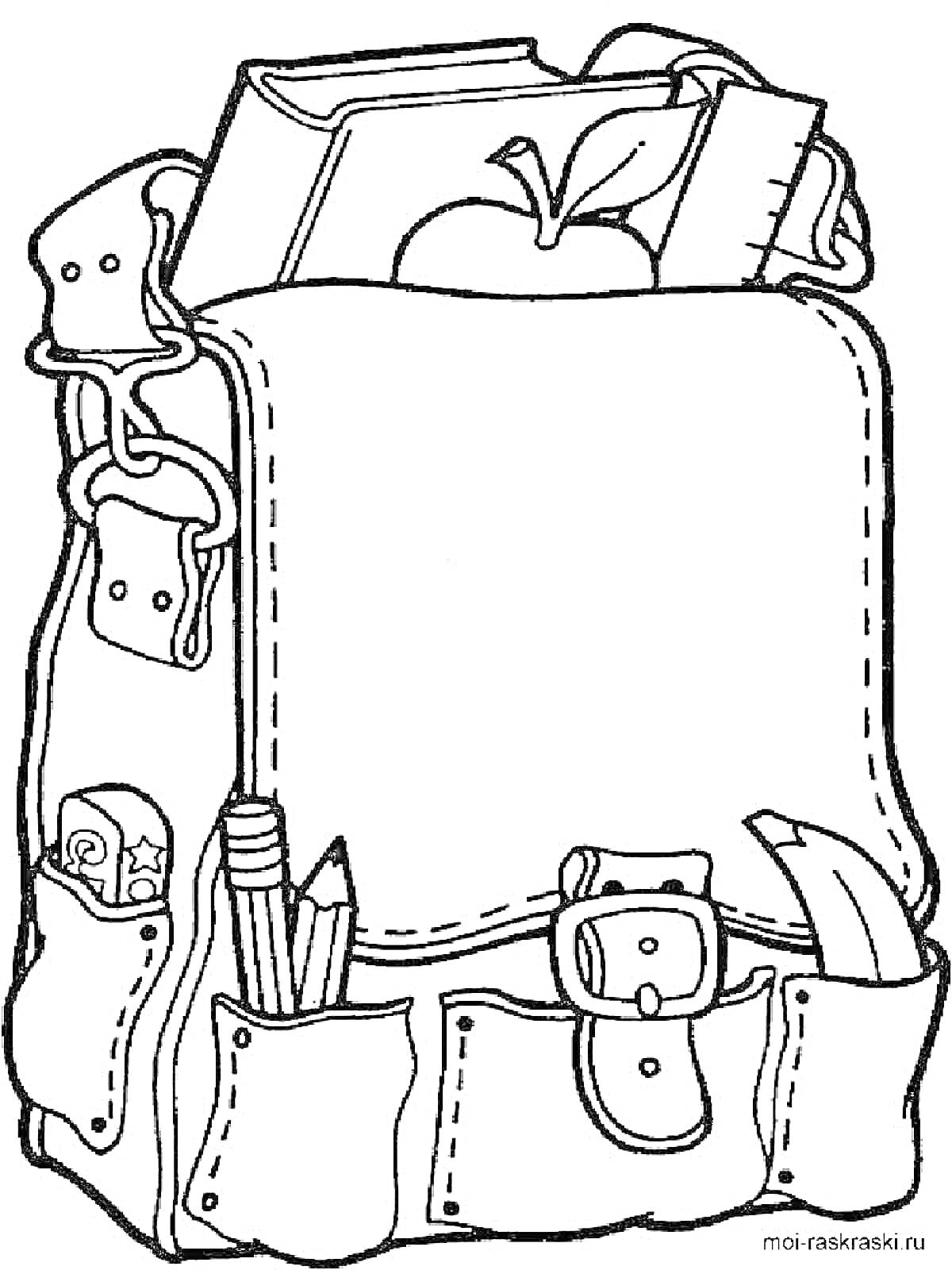 На раскраске изображено: Портфель, Рюкзак, Книга, Яблоко, Карандаши, Карманы, Школьный рюкзак, Ремень