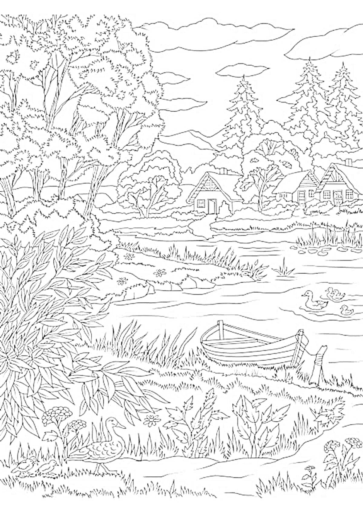 Раскраска Лесное озеро с домиками, лодкой и утками