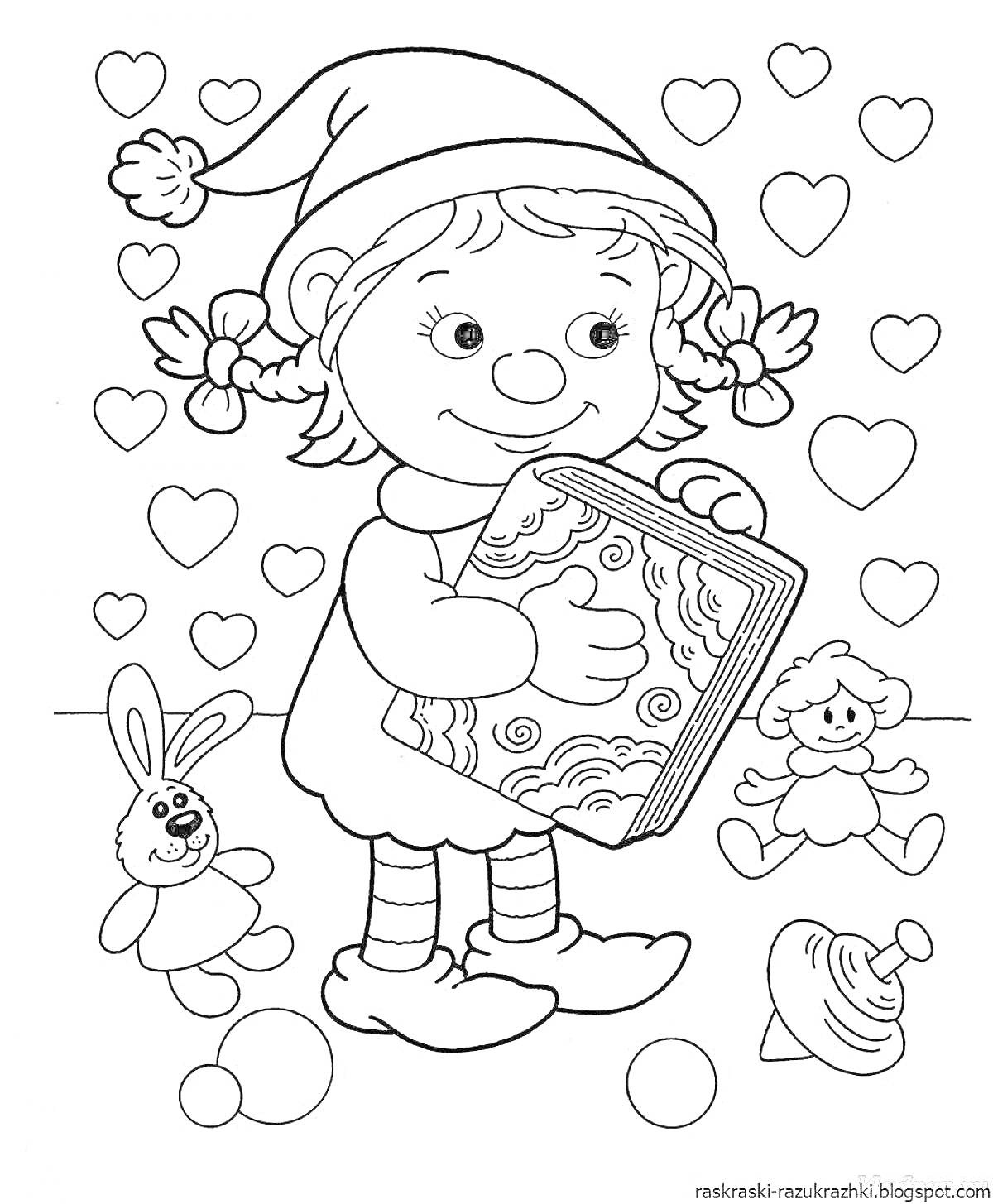 На раскраске изображено: Девочка, Книга, Колпачок, Игрушки, Заяц, Юла, Пятна, Подготовительная группа, Детский сад