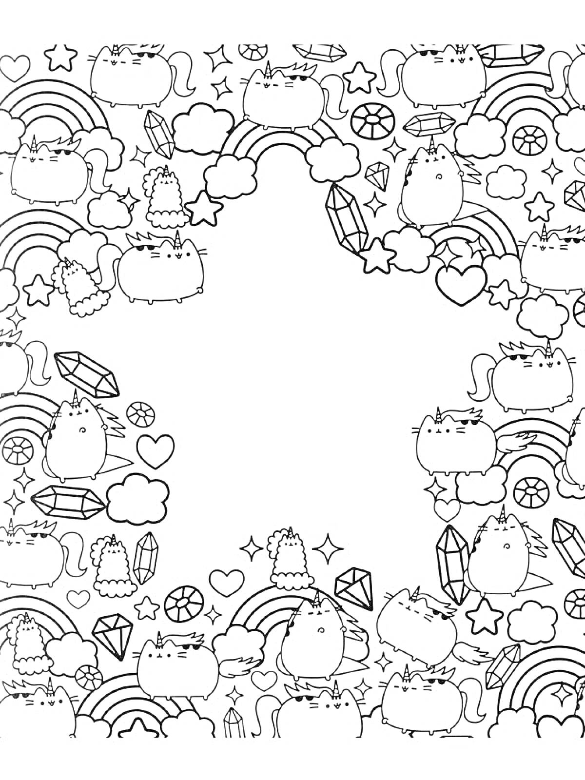 Раскраска Кот Пушин с облаками, радугами, бриллиантами, сердцами, звездами и цветами