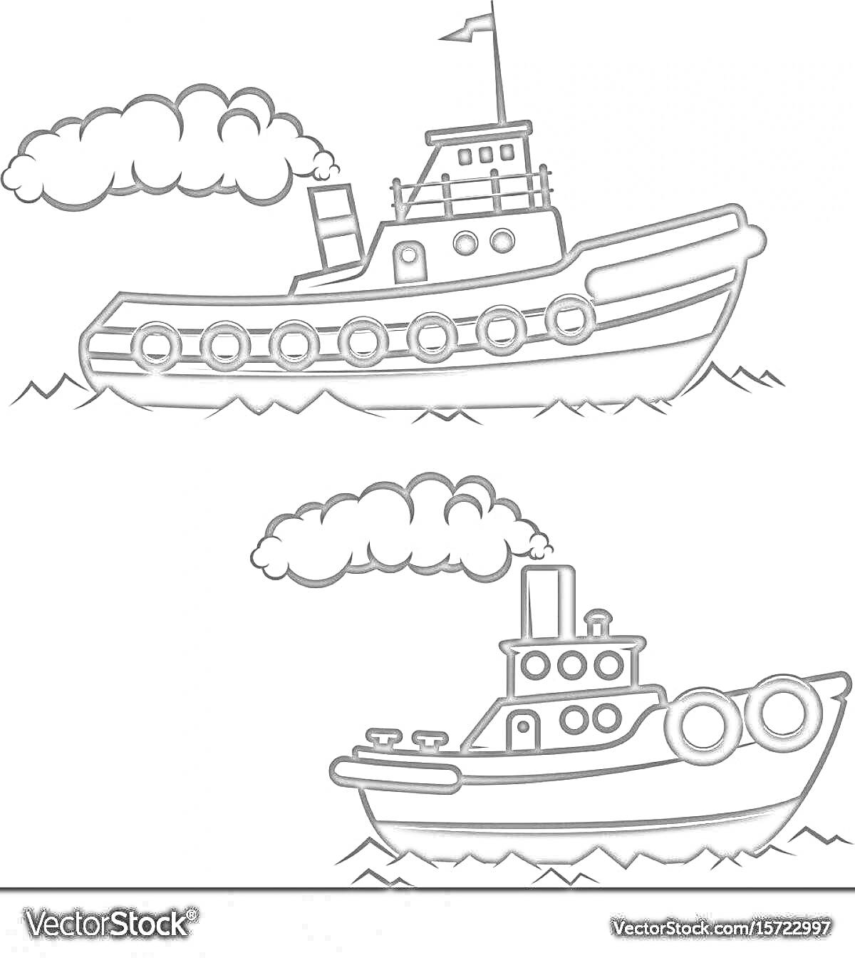 Раскраска Два буксира с флагами, дымом и волнами