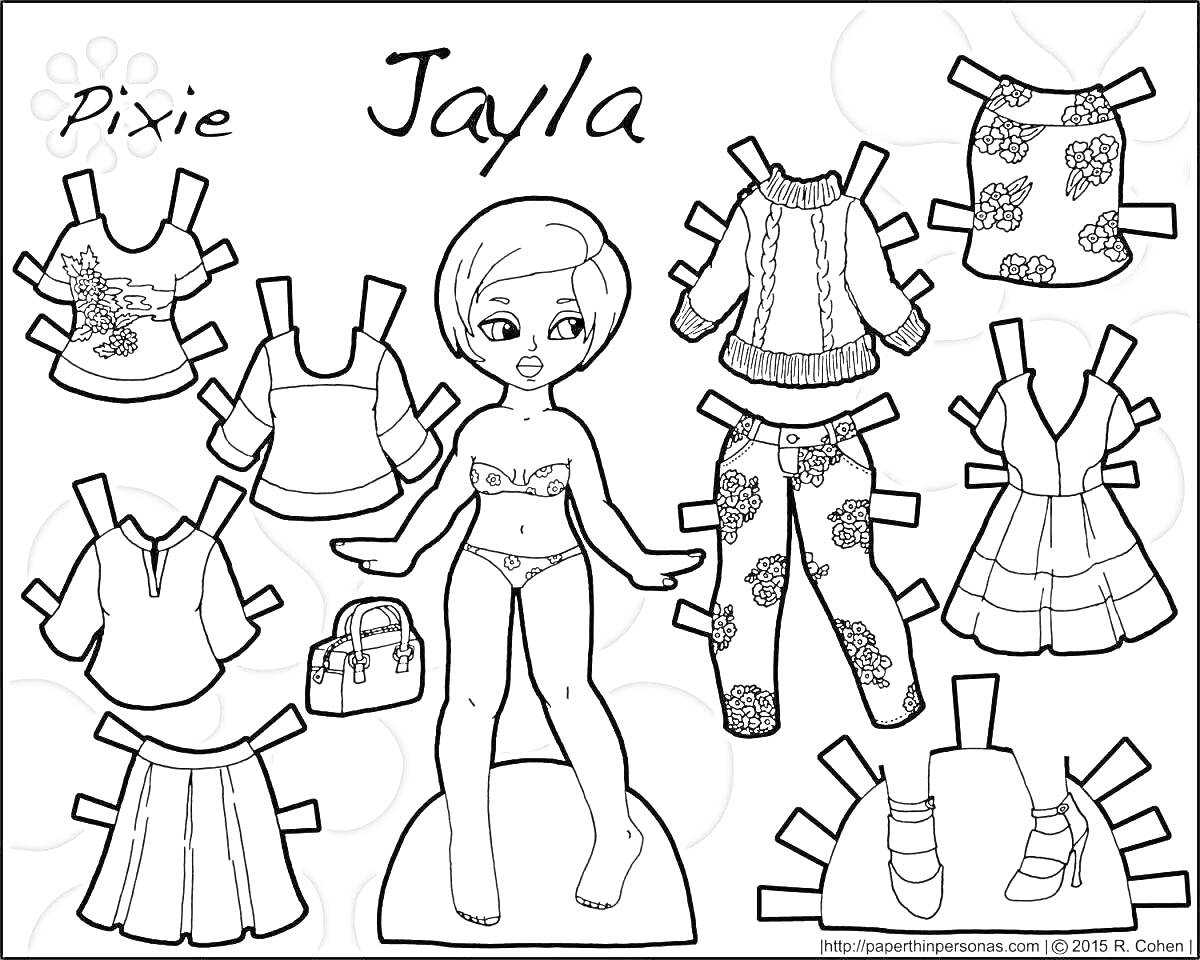 Раскраска Кукла ЛОЛ с одеждой и аксессуарами (кофта с цветочным узором, свитер, куртка, брюки с цветочным узором, юбка, платье с поясом, сумка, босоножки)