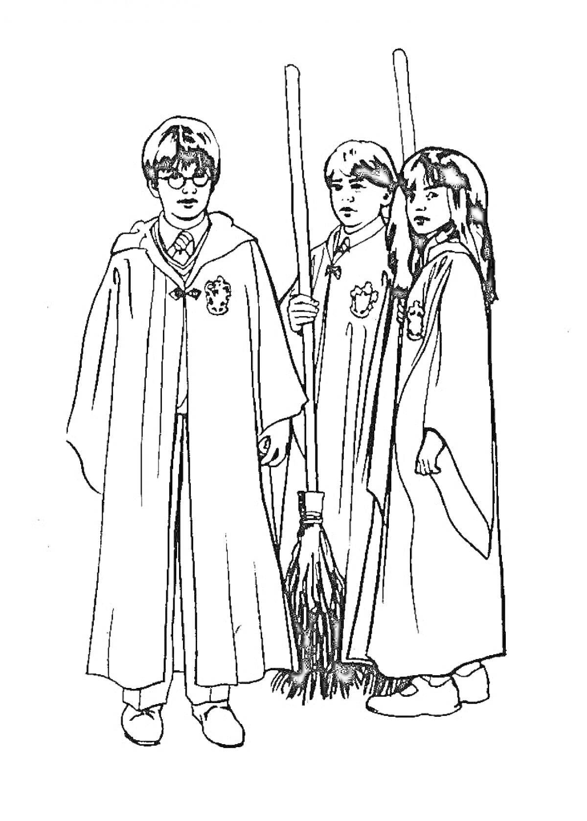 Раскраска Трое учеников Хогвартса в робах с метлами