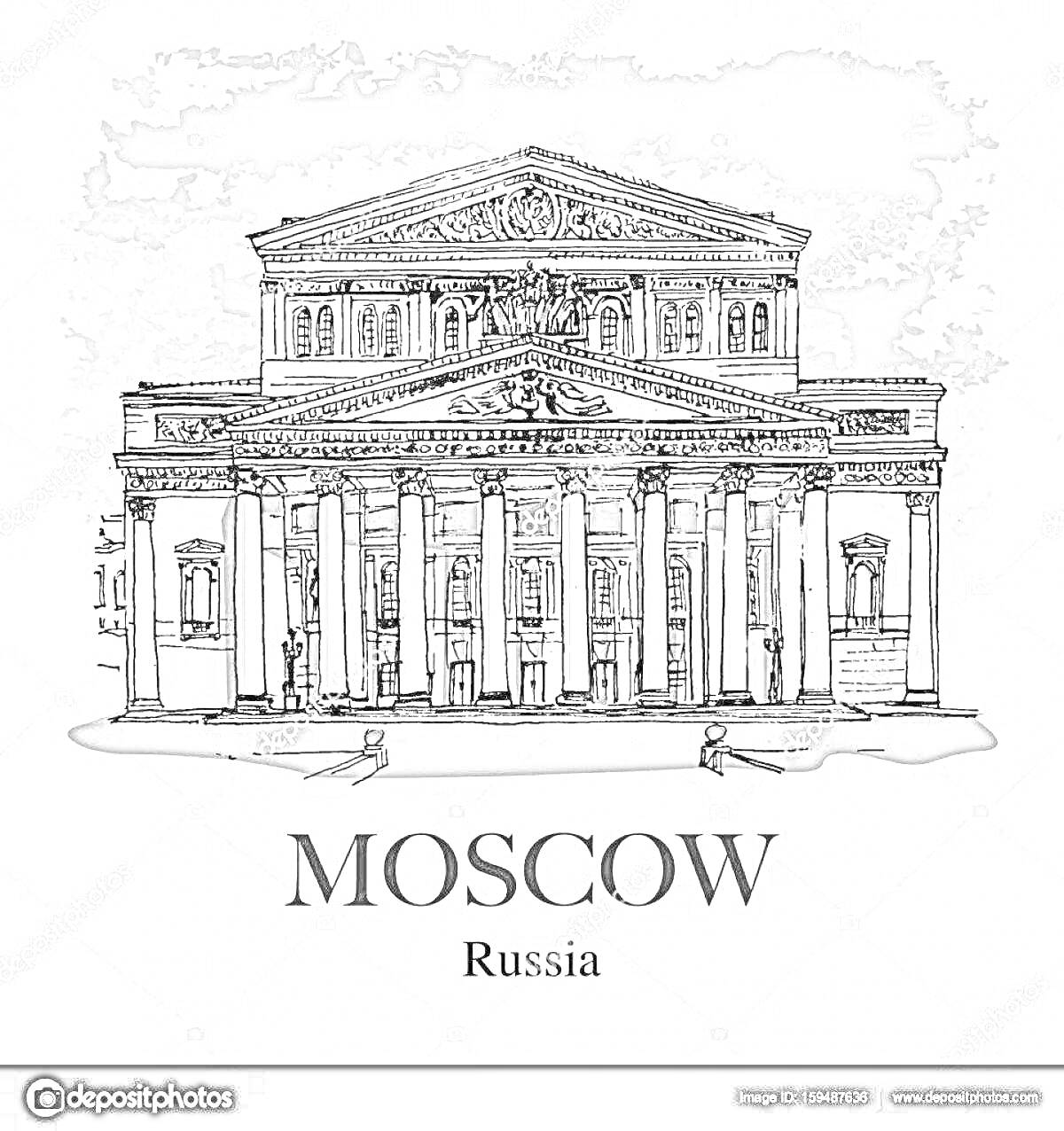 Раскраска Большой театр в Москве, Russia, рисунок фасада с колоннами и скульптурами на фронтоне