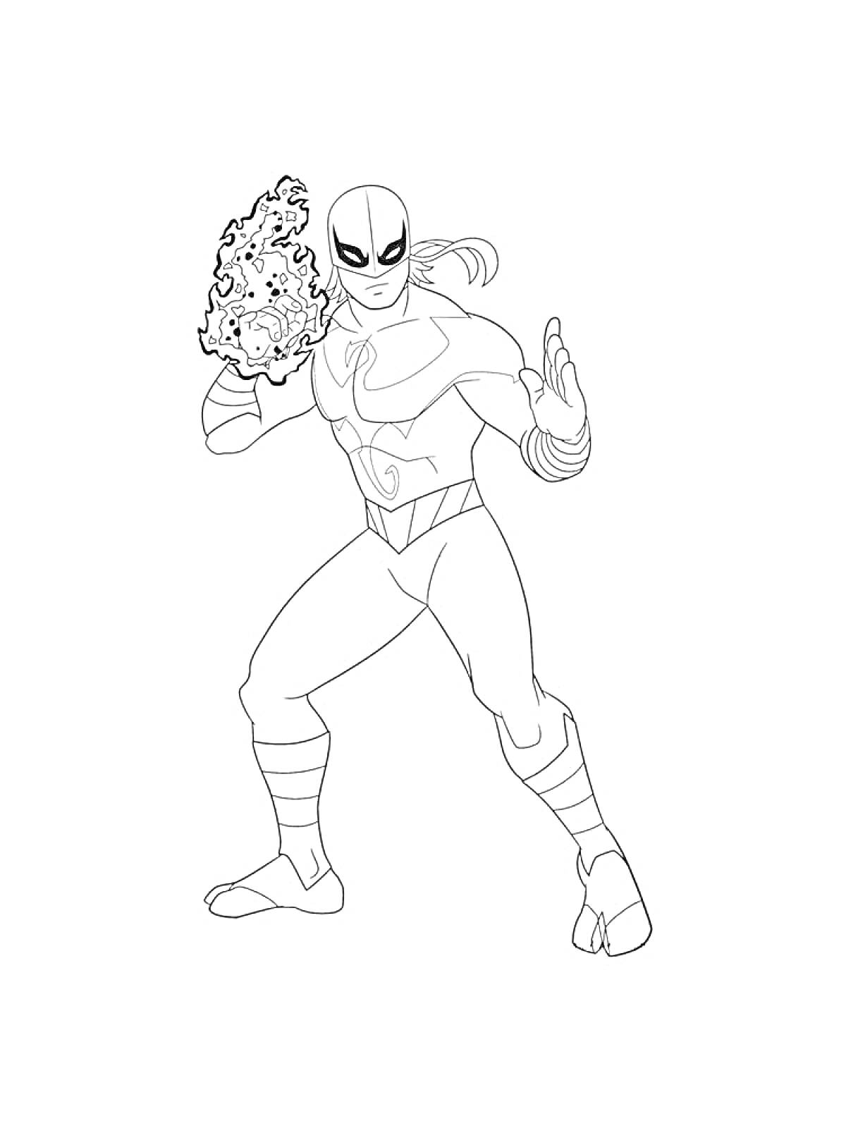 Раскраска Супергерой из Марвел с маской и огненными кулаками