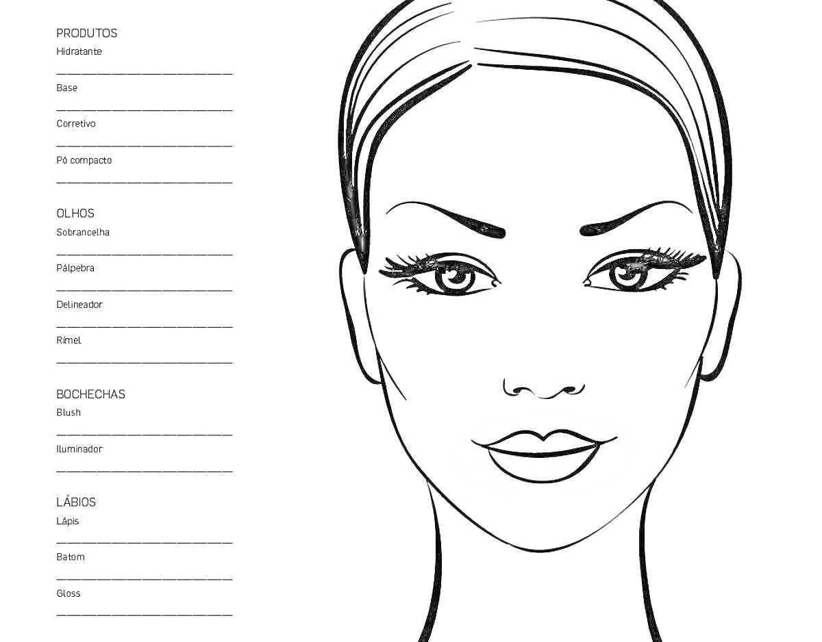 Раскраска Лицо для макияжа с обозначенными зонами лица (глаза, щеки, губы) и местом для записи названий используемых средств