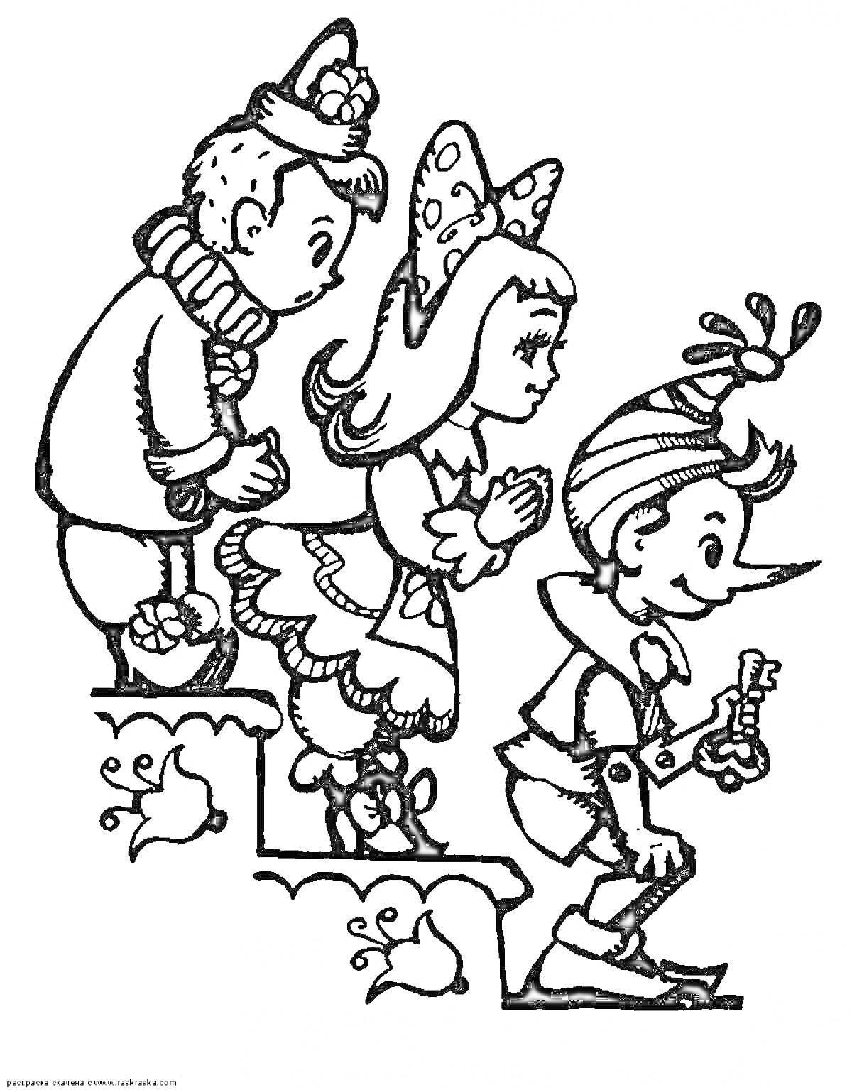 Раскраска Буратино, девочка и мальчик в шляпах на лестнице с ключом в руках у Буратино