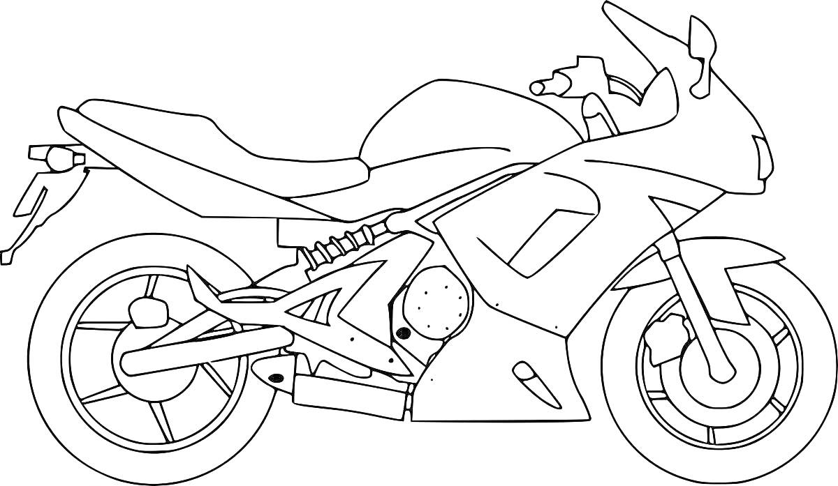 Раскраска Мотоцикл с деталями корпуса, сиденьями, колесами и ручками