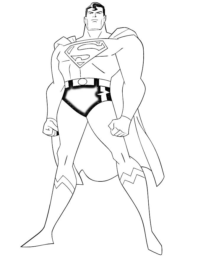 Раскраска Супермен стоящий в героической позе (с эмблемой на груди, плащ, пояс, ботинки).
