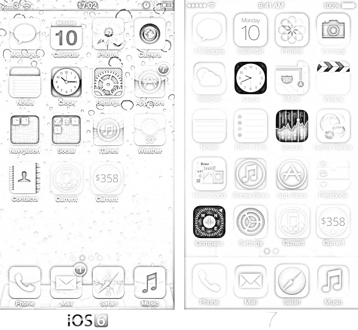 Раскраска Сравнение двух версий iOS на телефонах, включая Фото, Часы, Сообщения, Камеру, Погоду и другие приложения