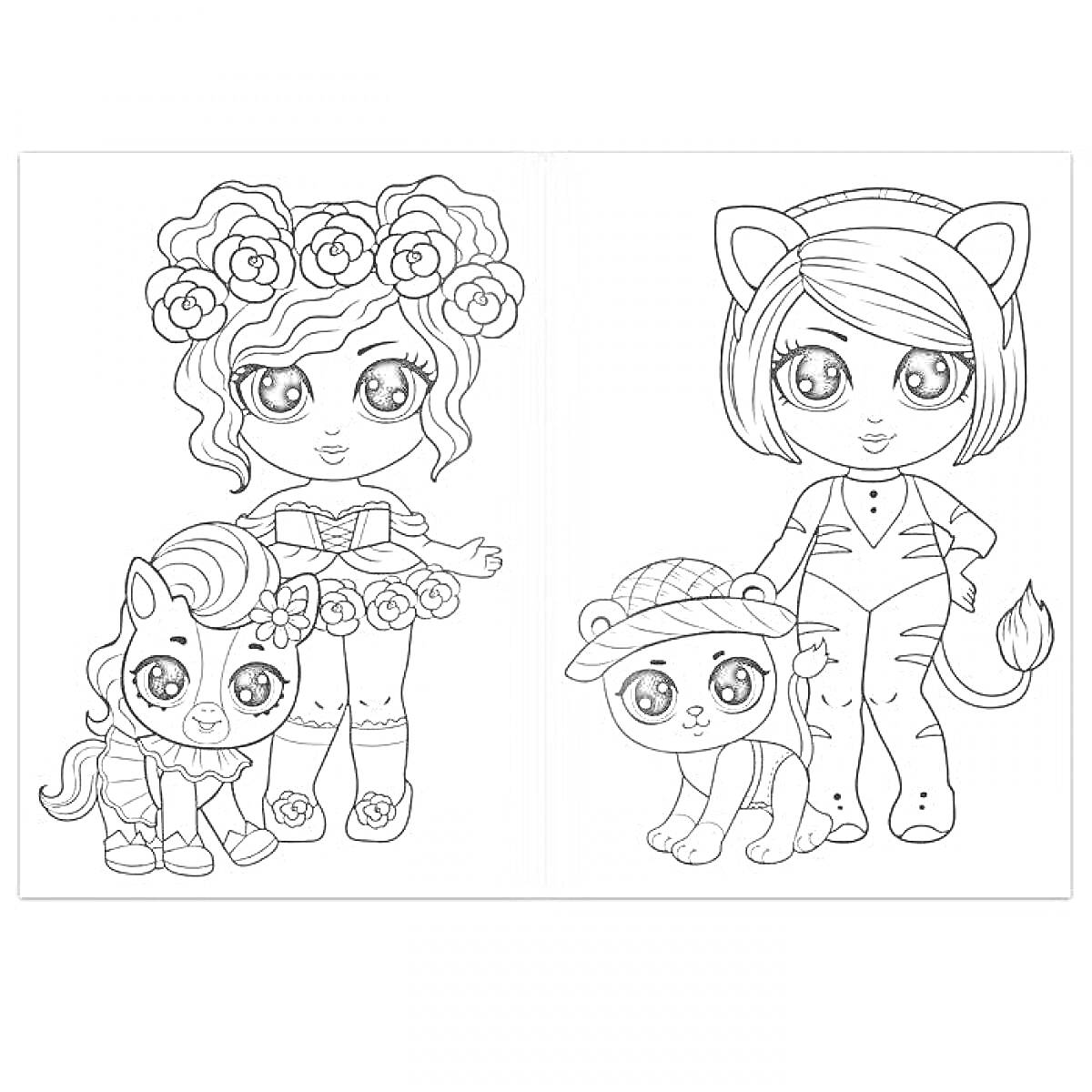 Раскраска Девочки и домашние животные (одна девочка с цветами в волосах и пони, другая девочка с ушками кошки и тигром)