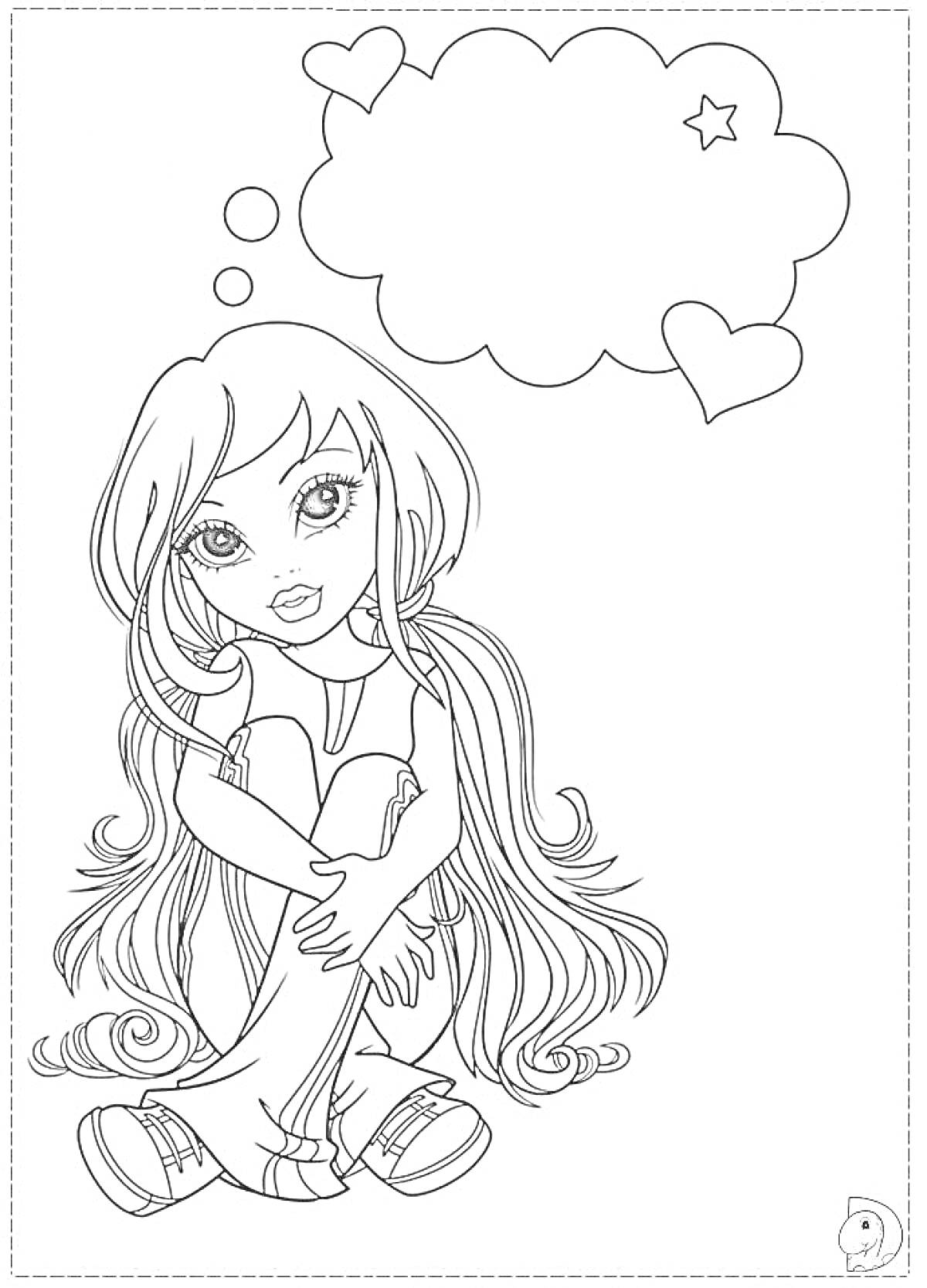 Раскраска Девочка с длинными волосами, сидящая с согнутыми коленями и мечтающая, с облачком мыслей и сердечком.