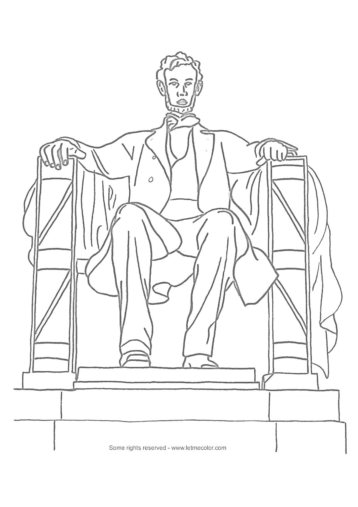 На раскраске изображено: Сидящий человек, Кресло, Постамент, Длинное пальто, Монумент
