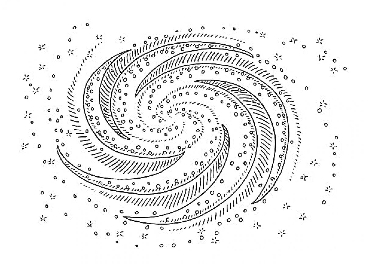 Раскраска Галактическая спираль с мелкими звездами и точками по всей площади.