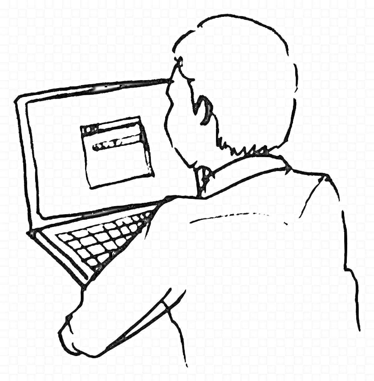 На раскраске изображено: Человек, Ноутбук, Компьютер, Программа, Работа