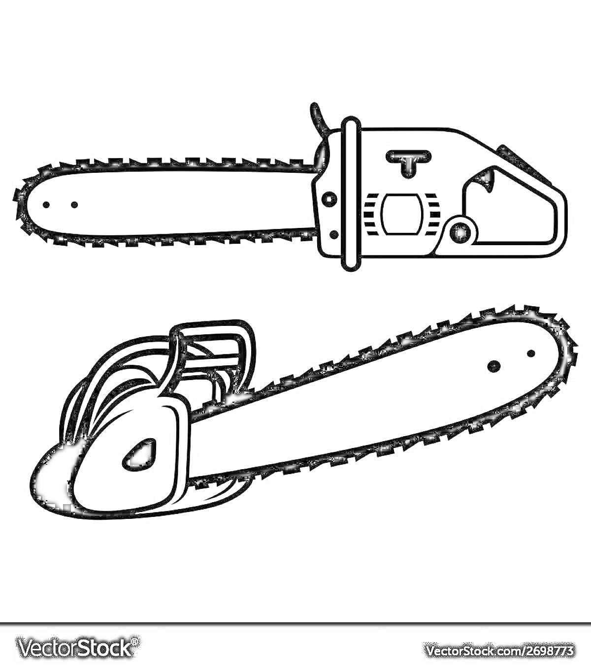 Две бензопилы - верхняя бензопила с видимым корпусом и ручкой, нижняя бензопила с видимыми рукоятками и цепью -