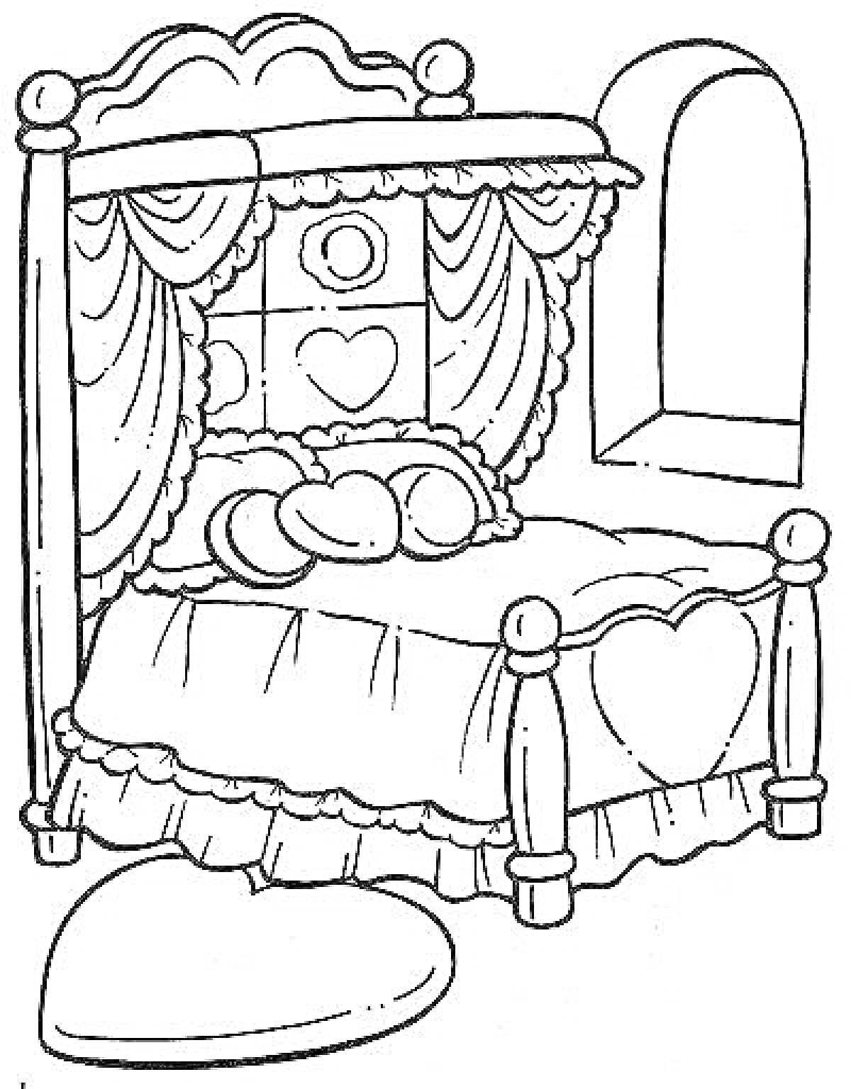 Раскраска Кукла на пышной кроватке с балдахином и сердечками