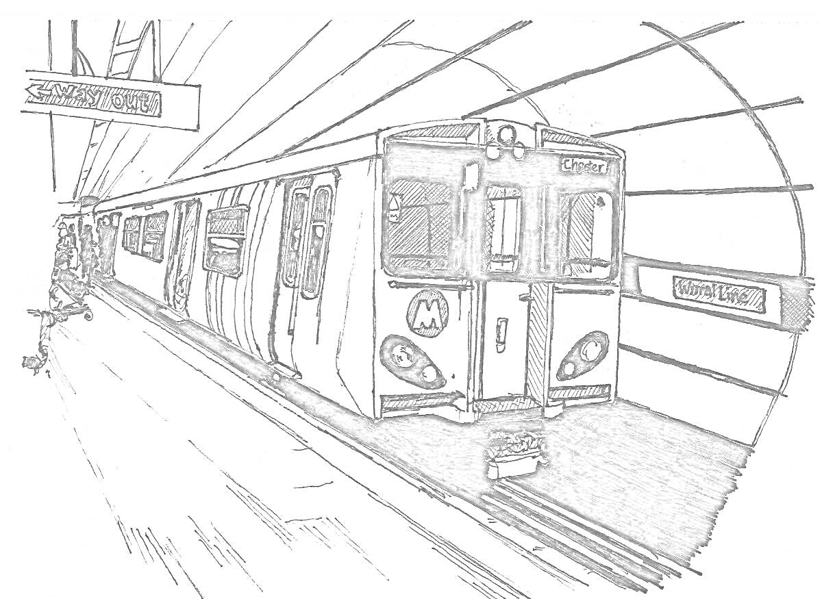 Раскраска Метро, вагон метро на станции, туннель, платформа, человек на платформе, указатели станций
