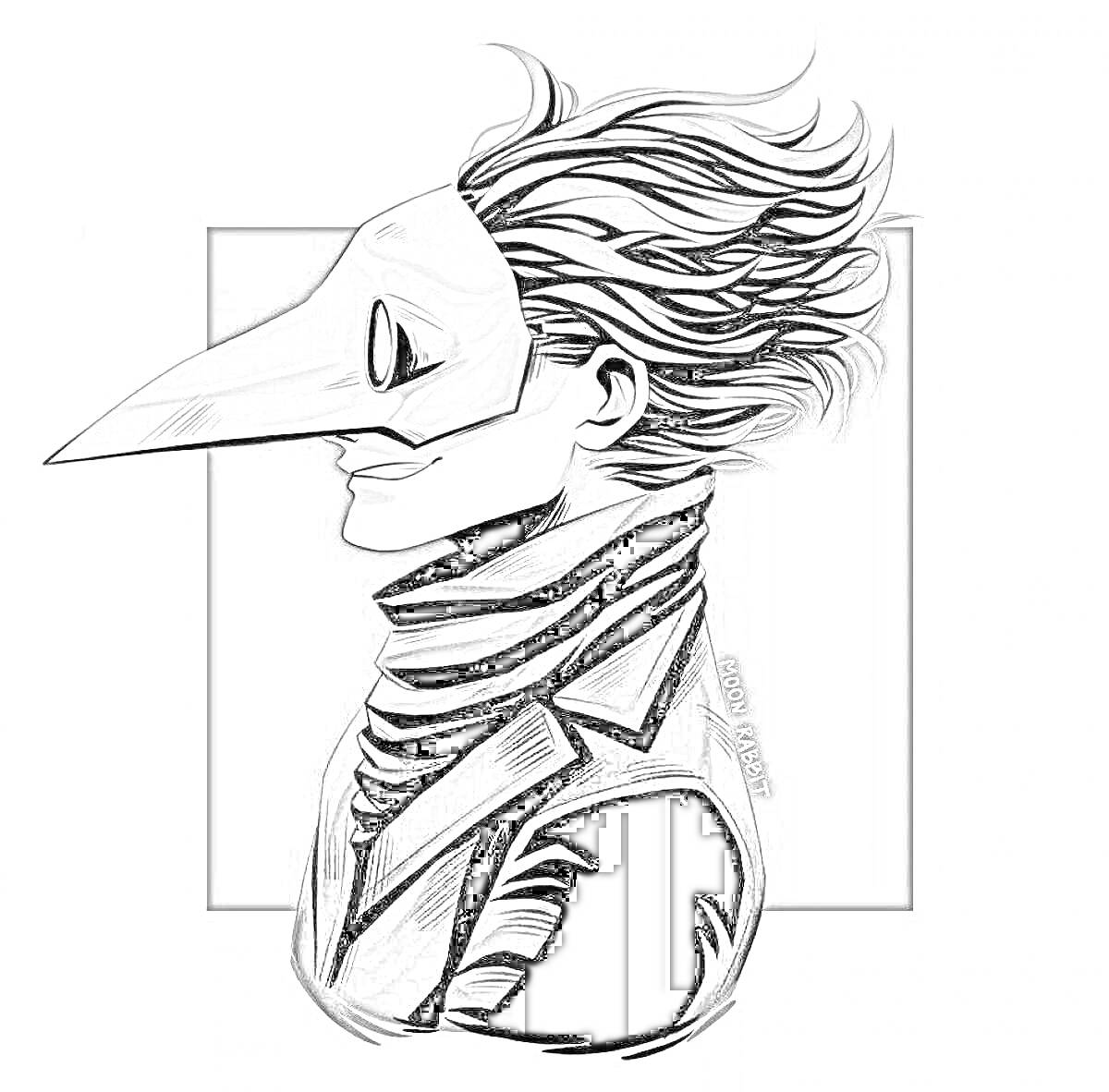 Раскраска Портрет персонажа в маске чумного доктора с длинным клювом и развевающимися волосами, на темном фоне