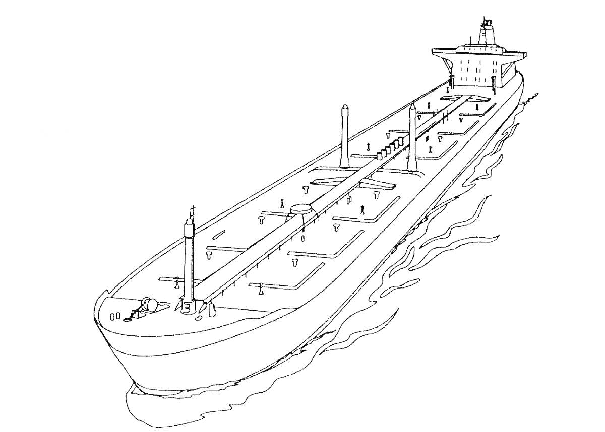 Раскраска Большой грузовой корабль в море с антеннами, вентилятором и смотровой башней