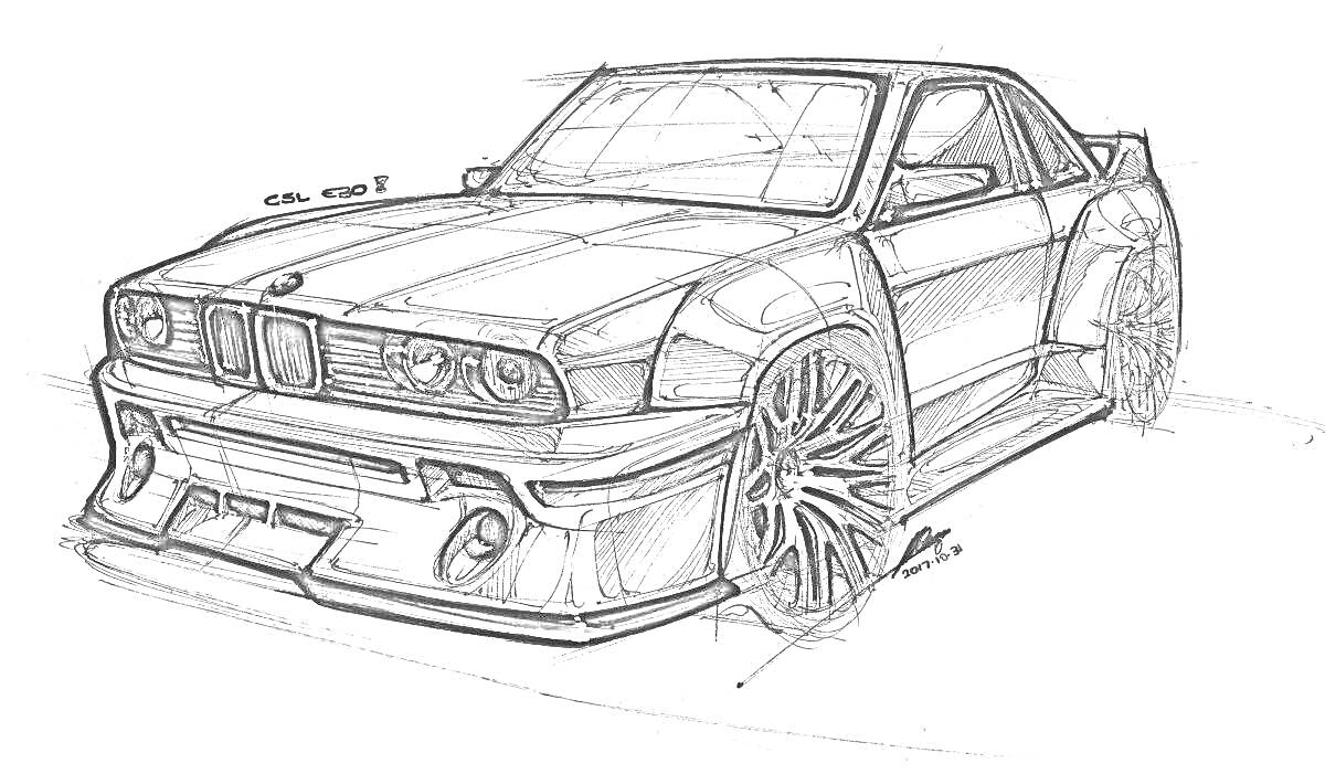Раскраска БМВ в дрифте, черно-белый эскиз автомобиля с большими колесами и агрессивным обвесом