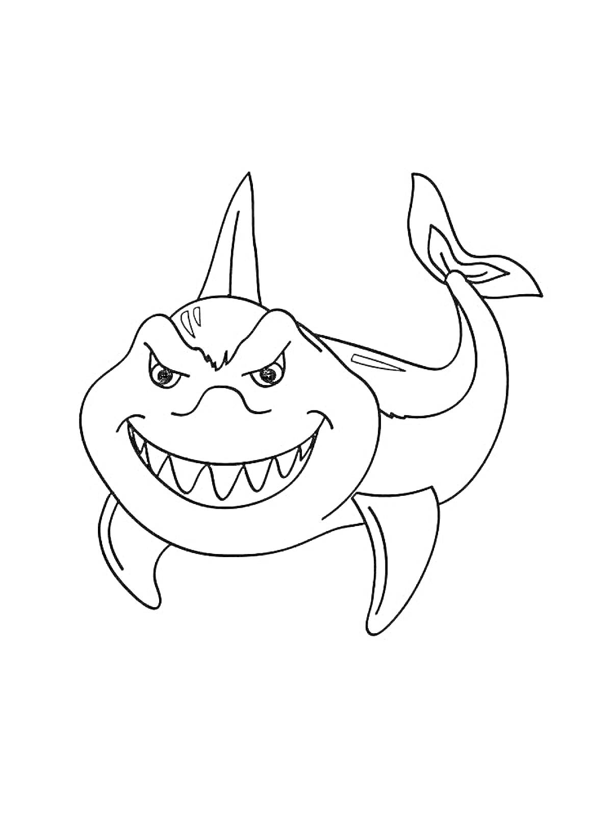 Раскраска Улыбающаяся акула с зубами и плавниками
