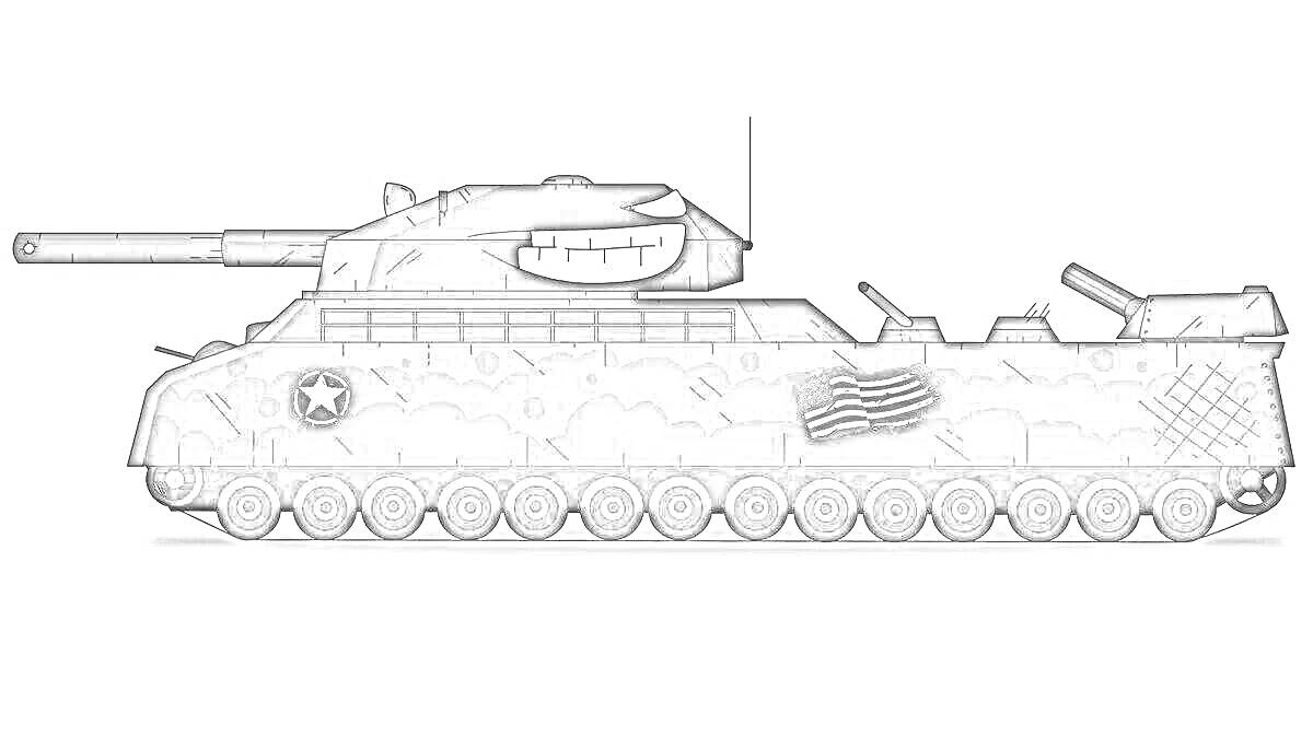 Раскраска Танк с пушкой и улыбающимся лицом, с символами звезды и разорванного американского флага
