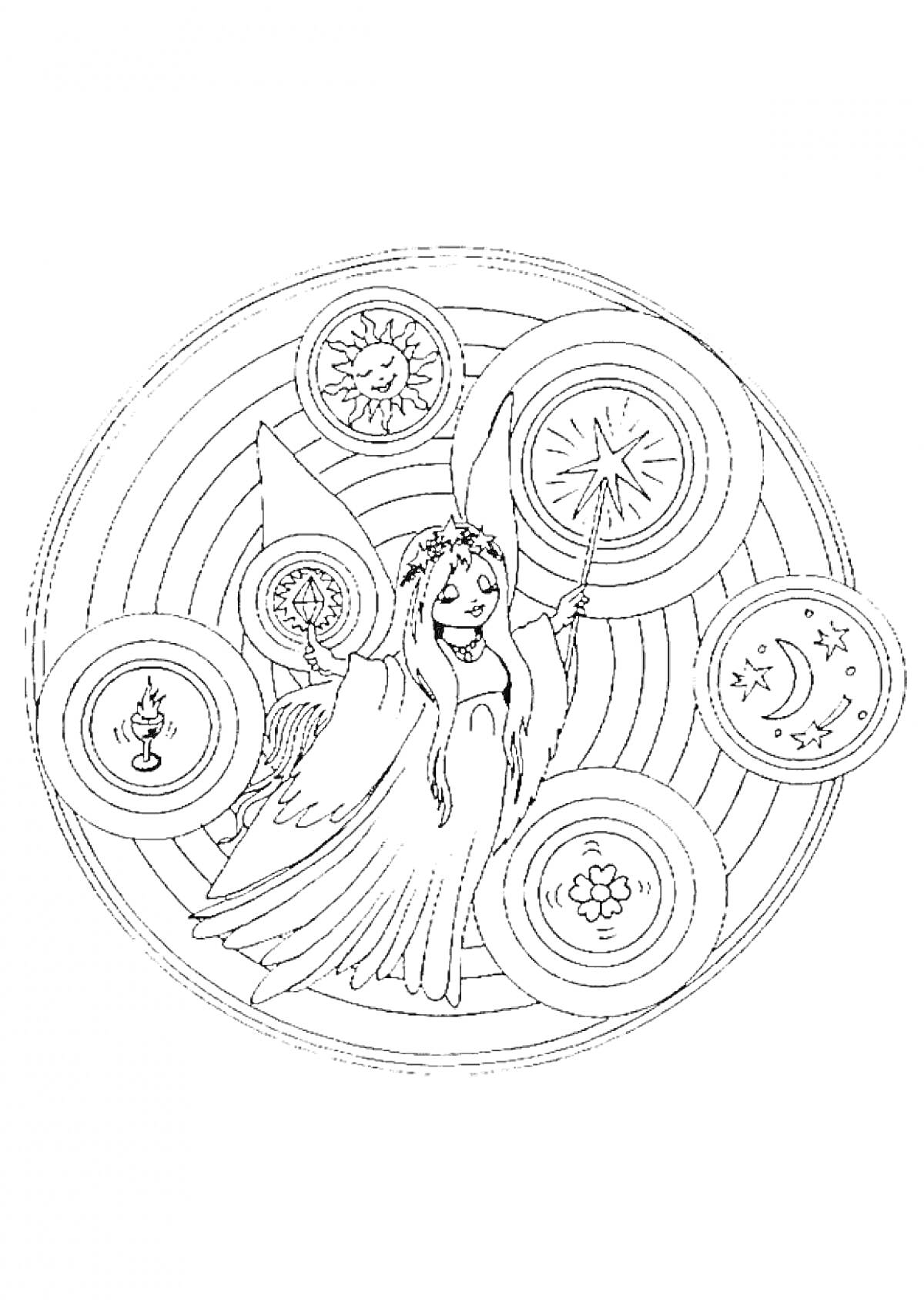 На раскраске изображено: Магия, Палочка, Солнце, Луна