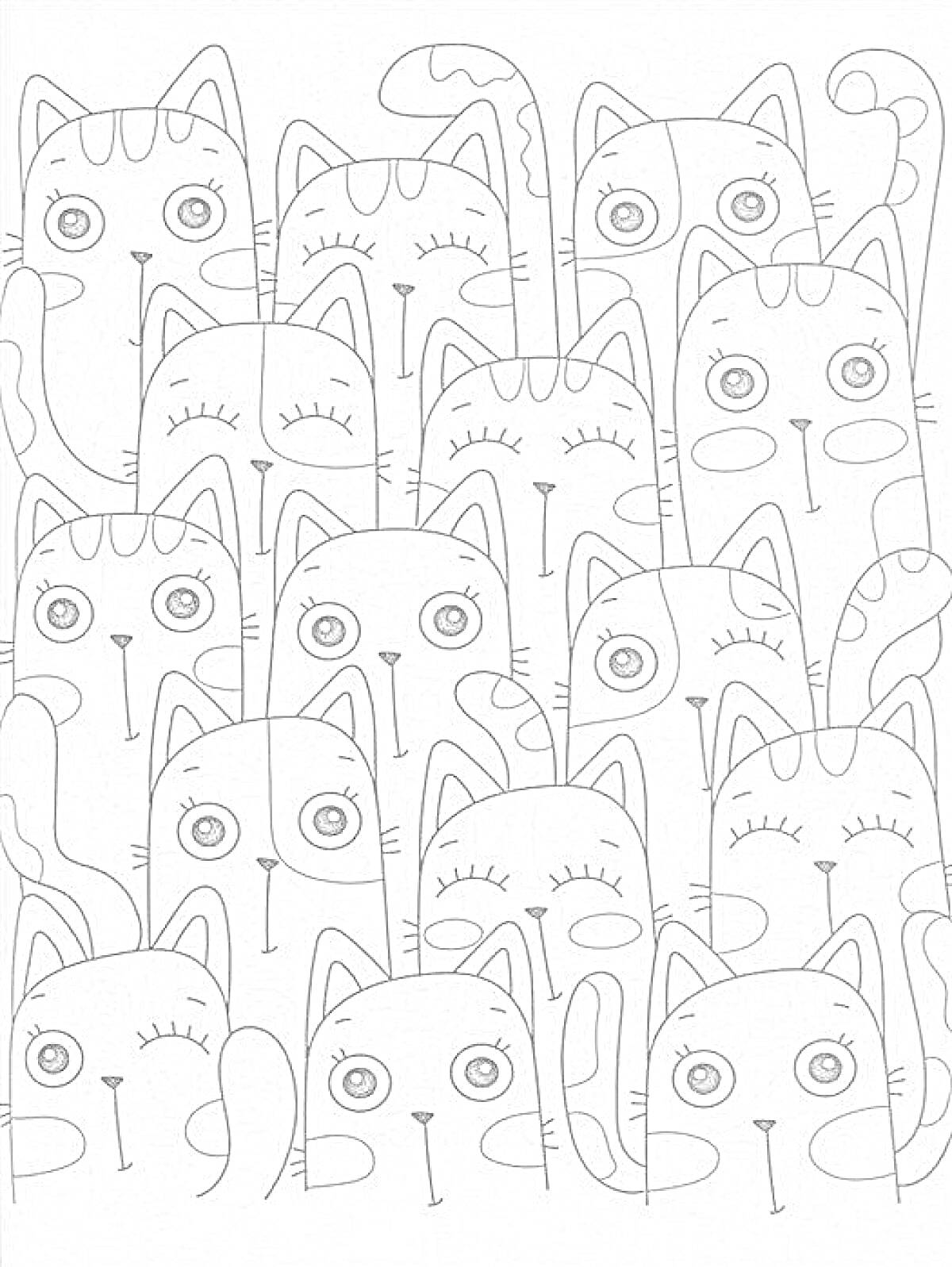 Раскраска Кошки с большими глазами и разными выражениями морд; стоящие плотно друг к другу с хвостами, поднятыми вверх