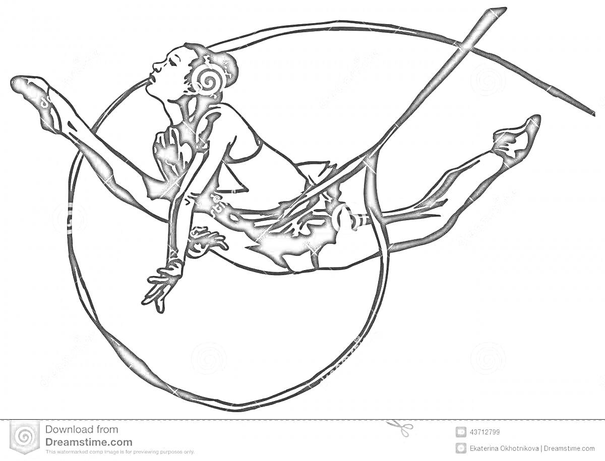 Раскраска Воздушная гимнастка в раздельном костюме выполняет трюк на гимнастическом кольце, широкое кольцо, растяжка, ритмическая гимнастика