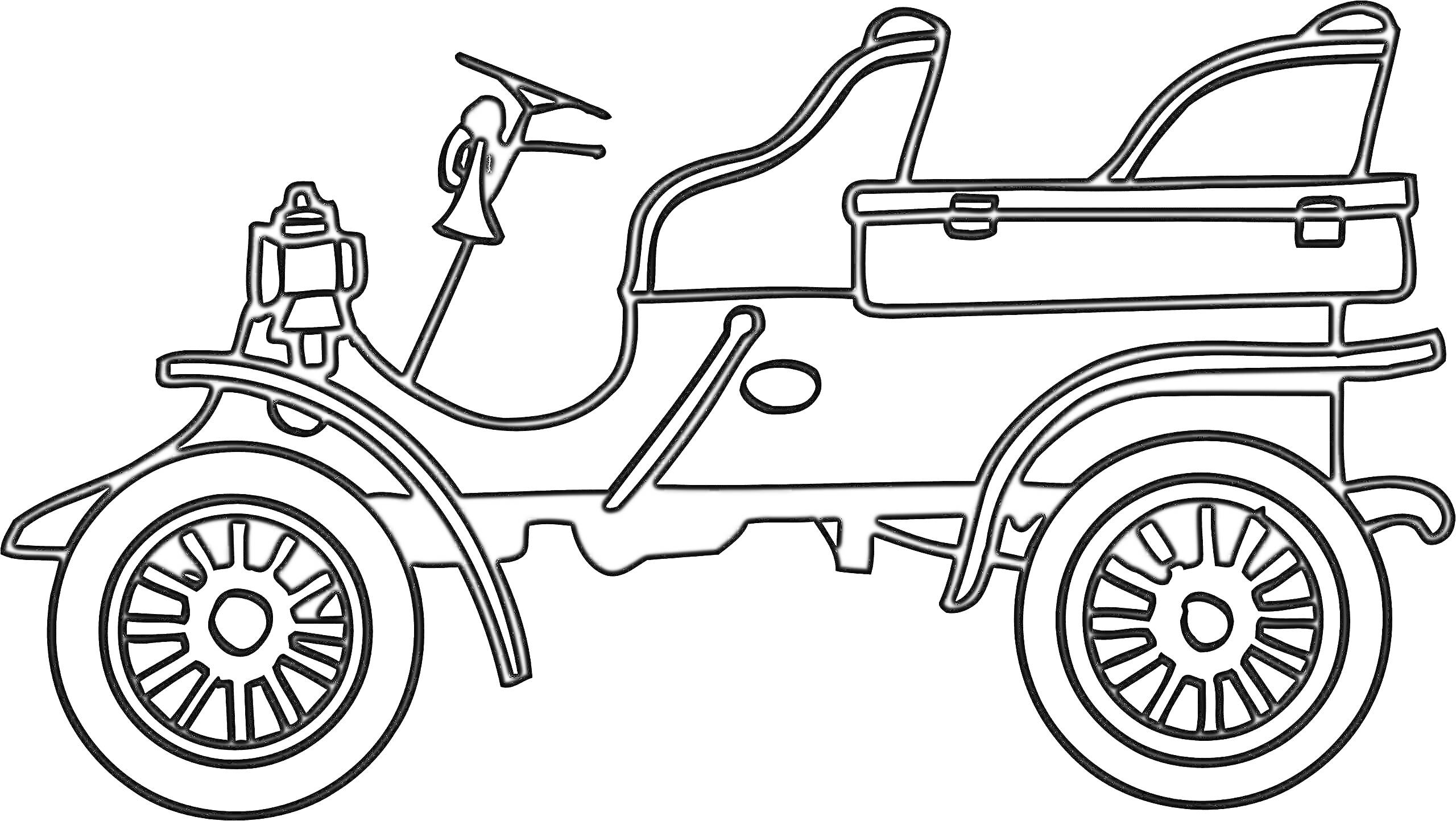 Раскраска Ретро-автомобиль с открытым верхом, два сиденья, сплошные колеса со спицами, вытянутый корпус