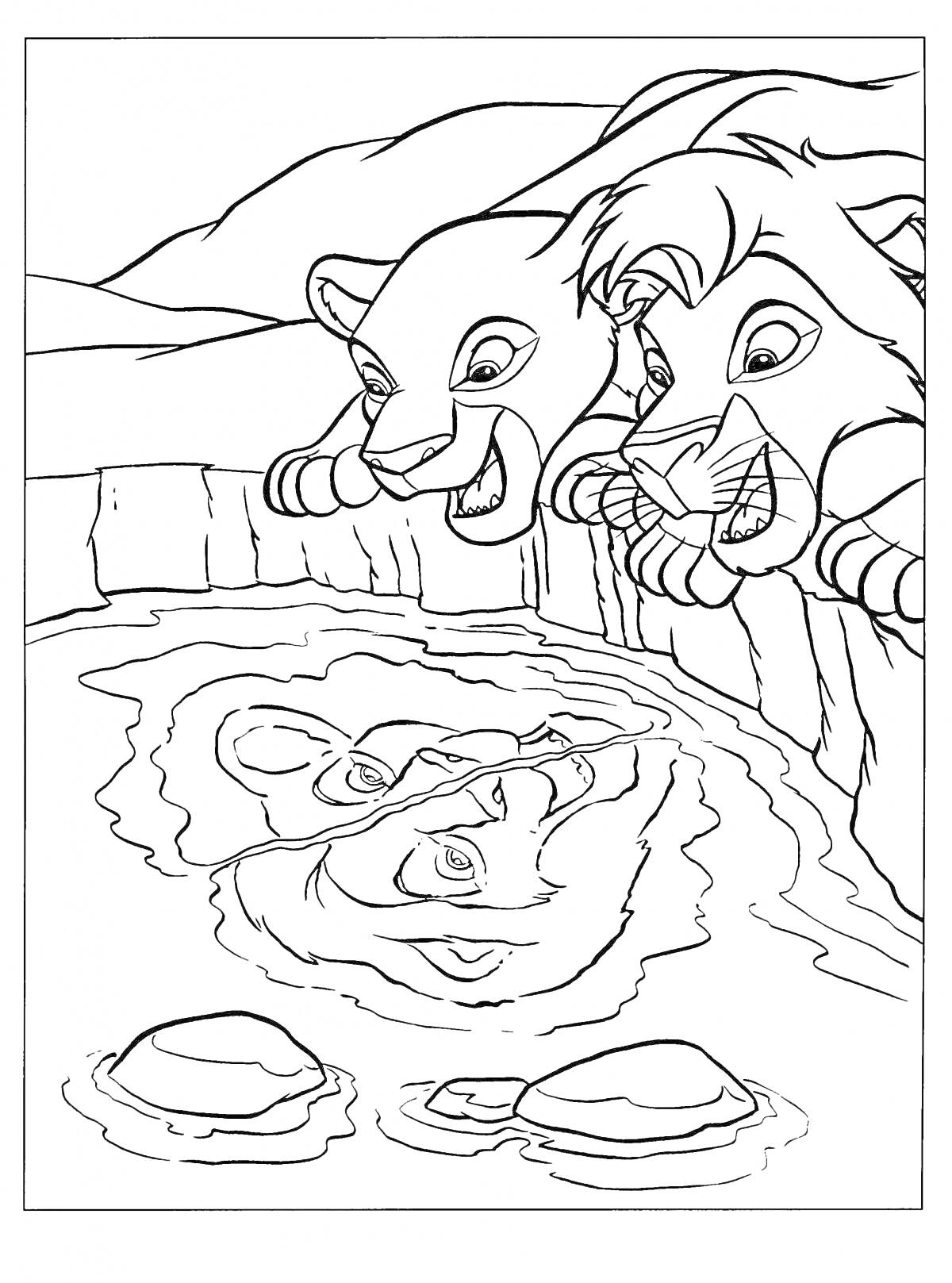 На раскраске изображено: Вода, Отражение, Камни, Львы, Король лев