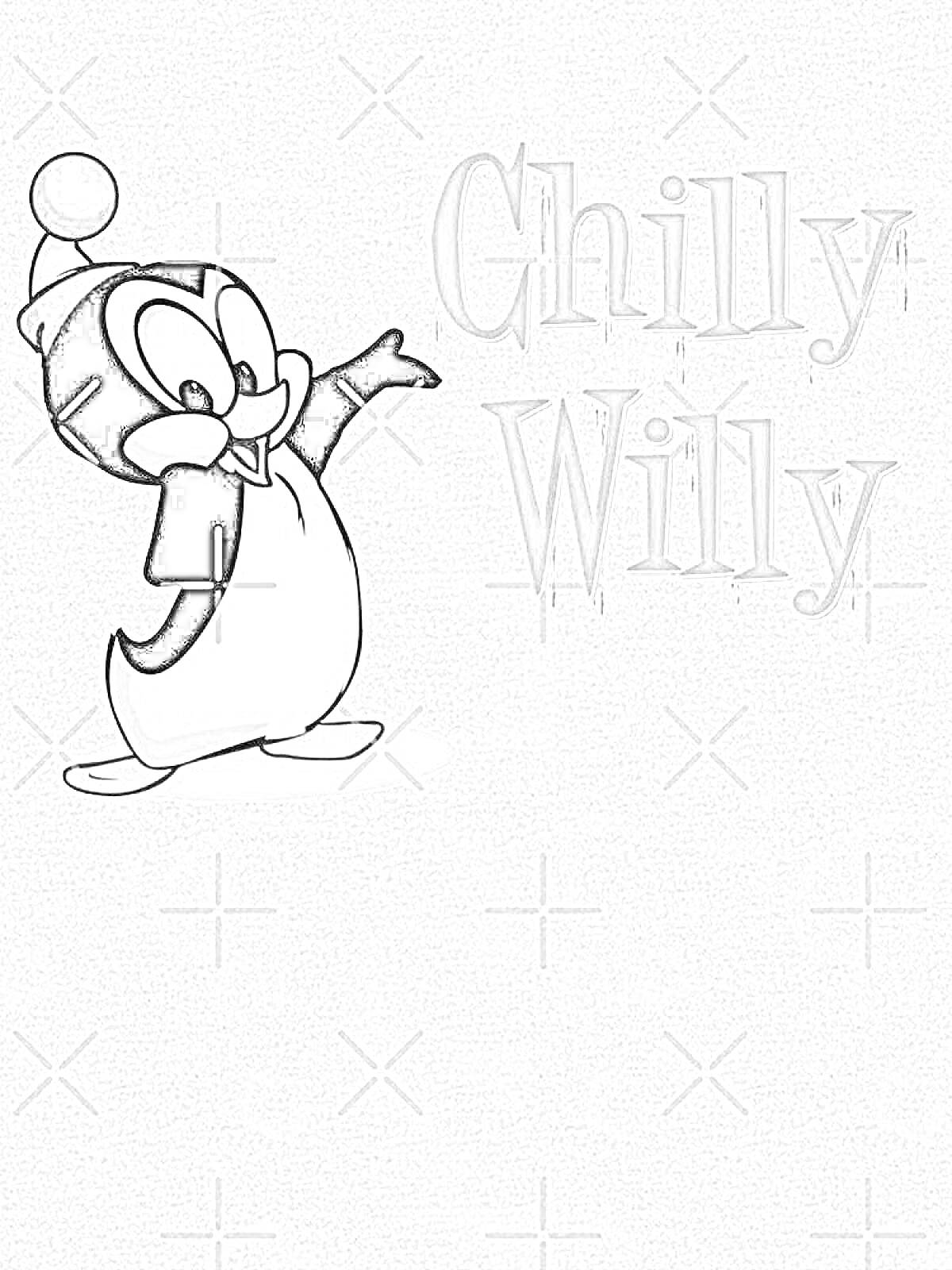 Раскраска Chilly Willy, пингвин в шапке, текст 