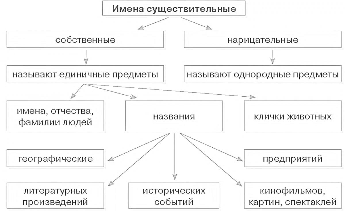 Имена существительные: собственные и нарицательные с примерами: имена, отчества, фамилии людей, клички животных, географические, предприятий, литературных произведений, исторических событий, кинофильмов, картин, спектаклей.