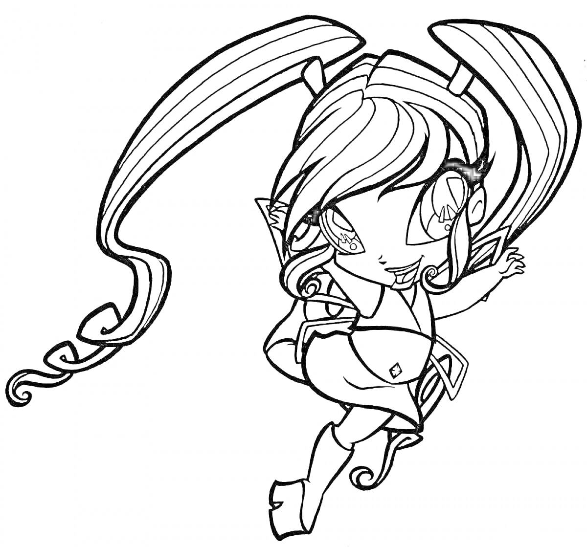 Раскраска Пикси из Винкс с длинными волосами и крыльями, в платье, с поднятой вверх рукой