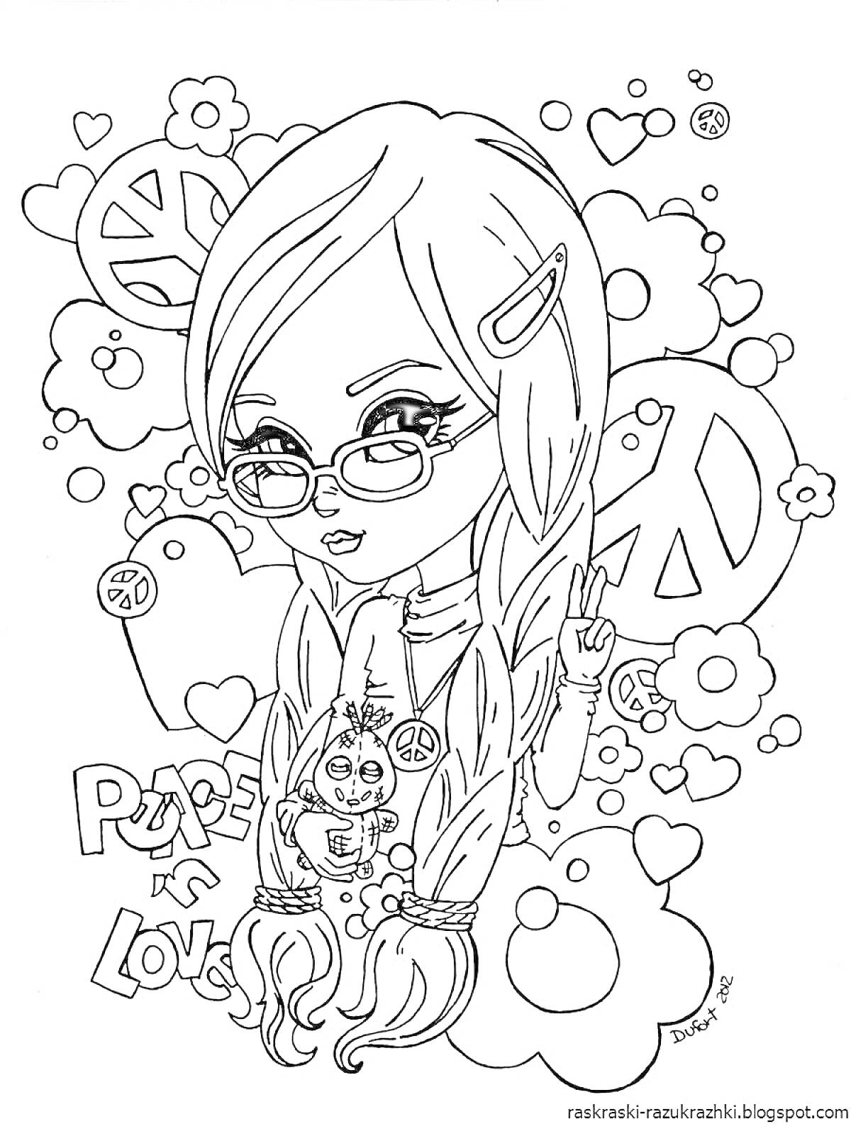 Раскраска Девочка с двумя косами, очками и игрушкой на фоне знаков мира и сердечек