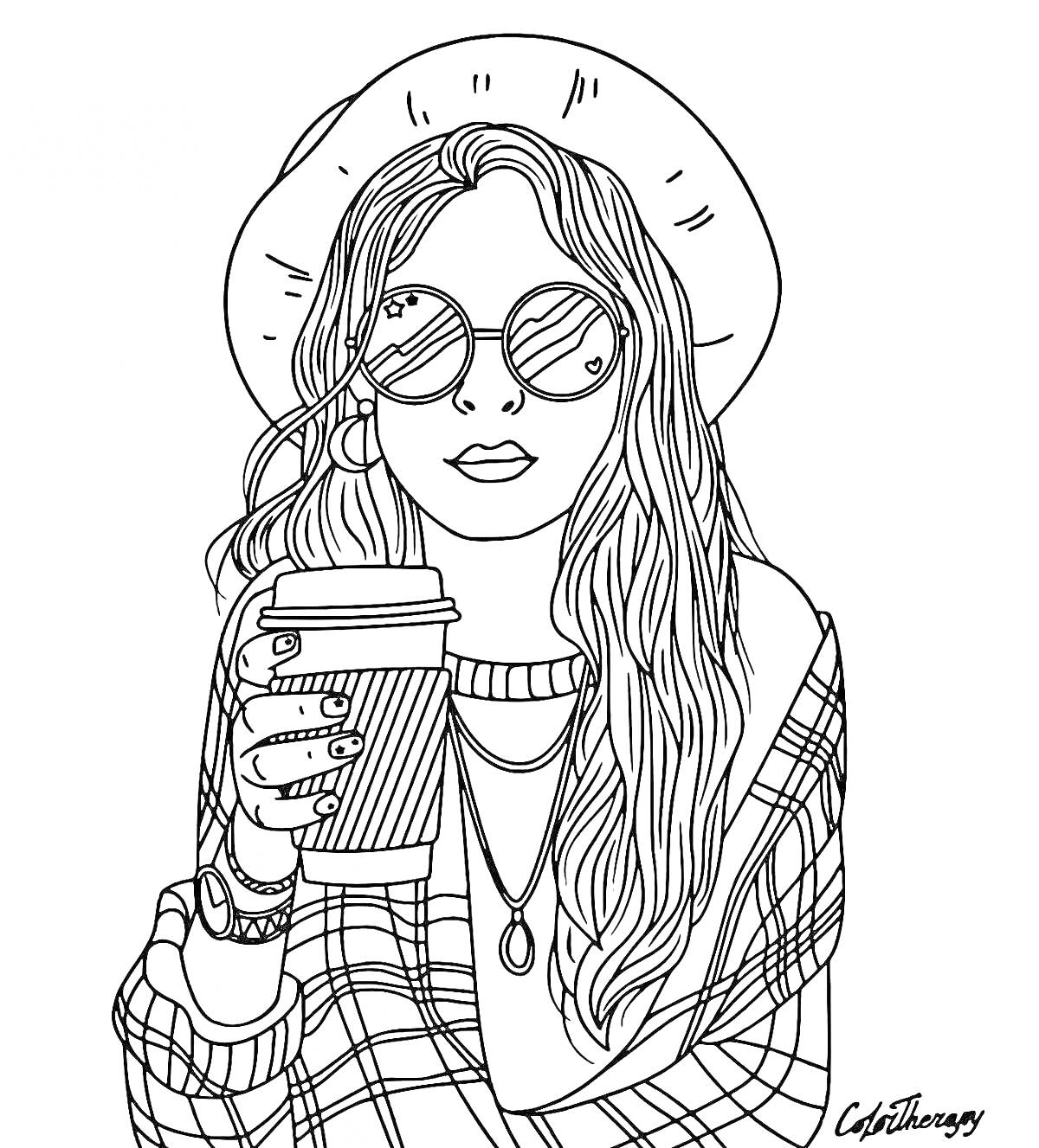 Раскраска Девушка в шляпе и очках с кофе