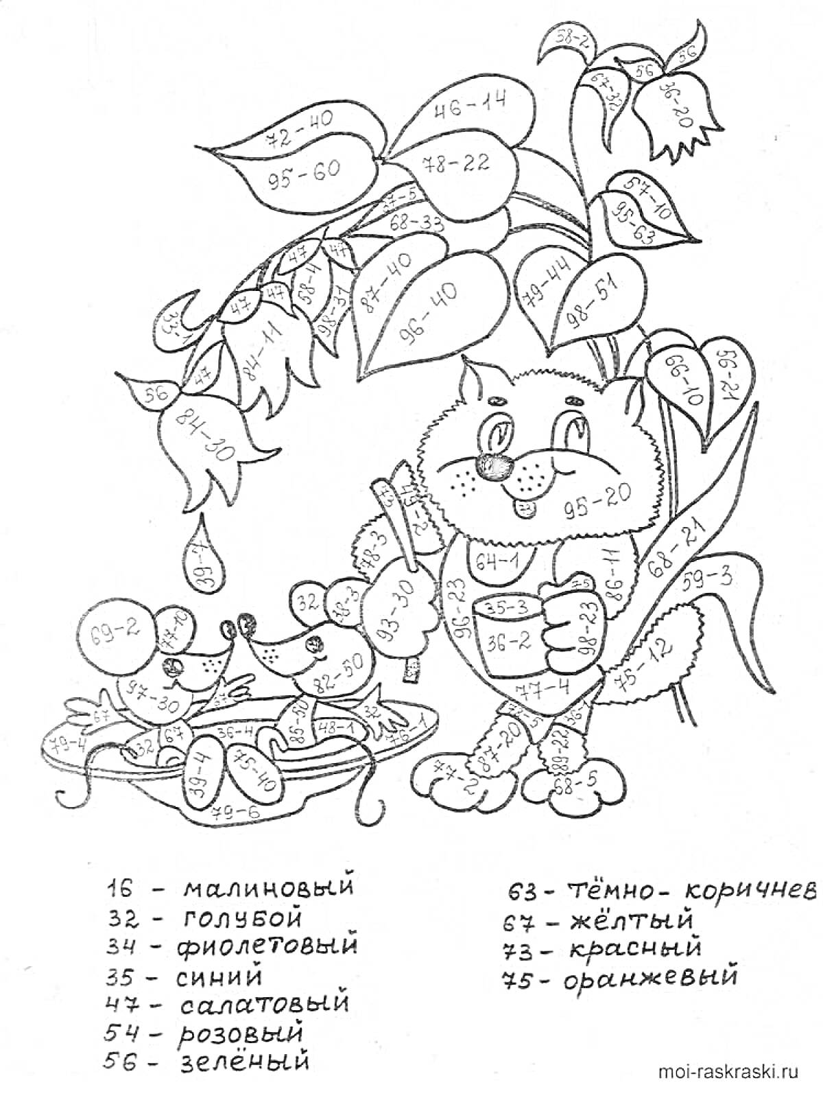 Раскраска Котенок и листья с примерами чисел для раскраски