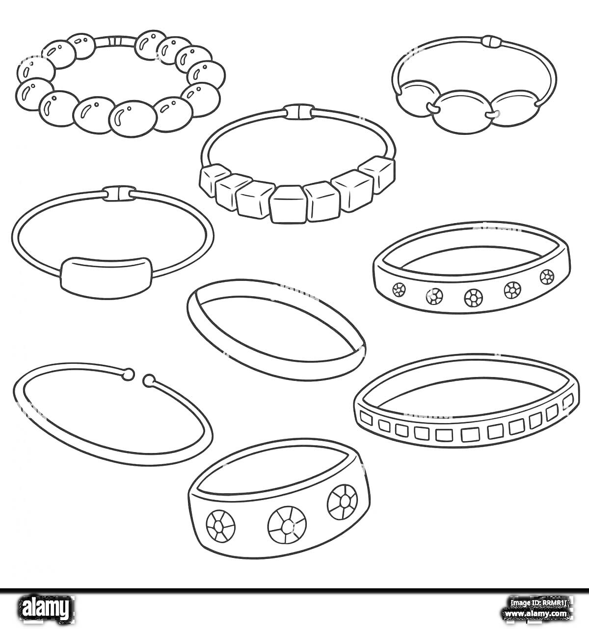 Раскраска Браслеты и кольца с различными декоративными элементами