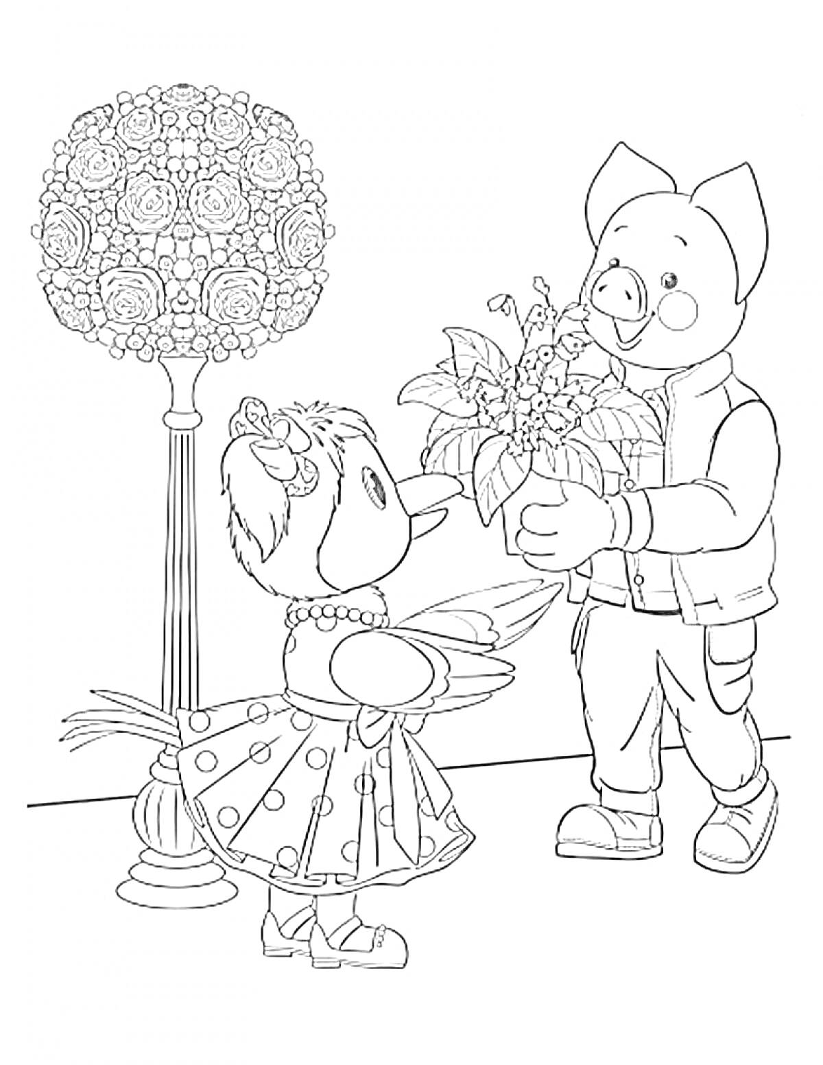 Раскраска Девочка-птичка в платье с крылышками и бантом принимает букет цветов от мальчика-свиньи рядом с декоративным фонарем