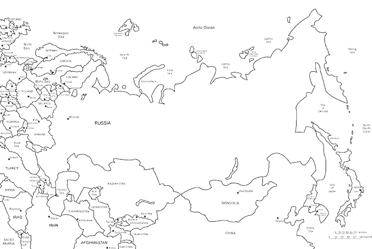 Раскраска Контурная карта России с границами стран соседей и названиями крупни городов